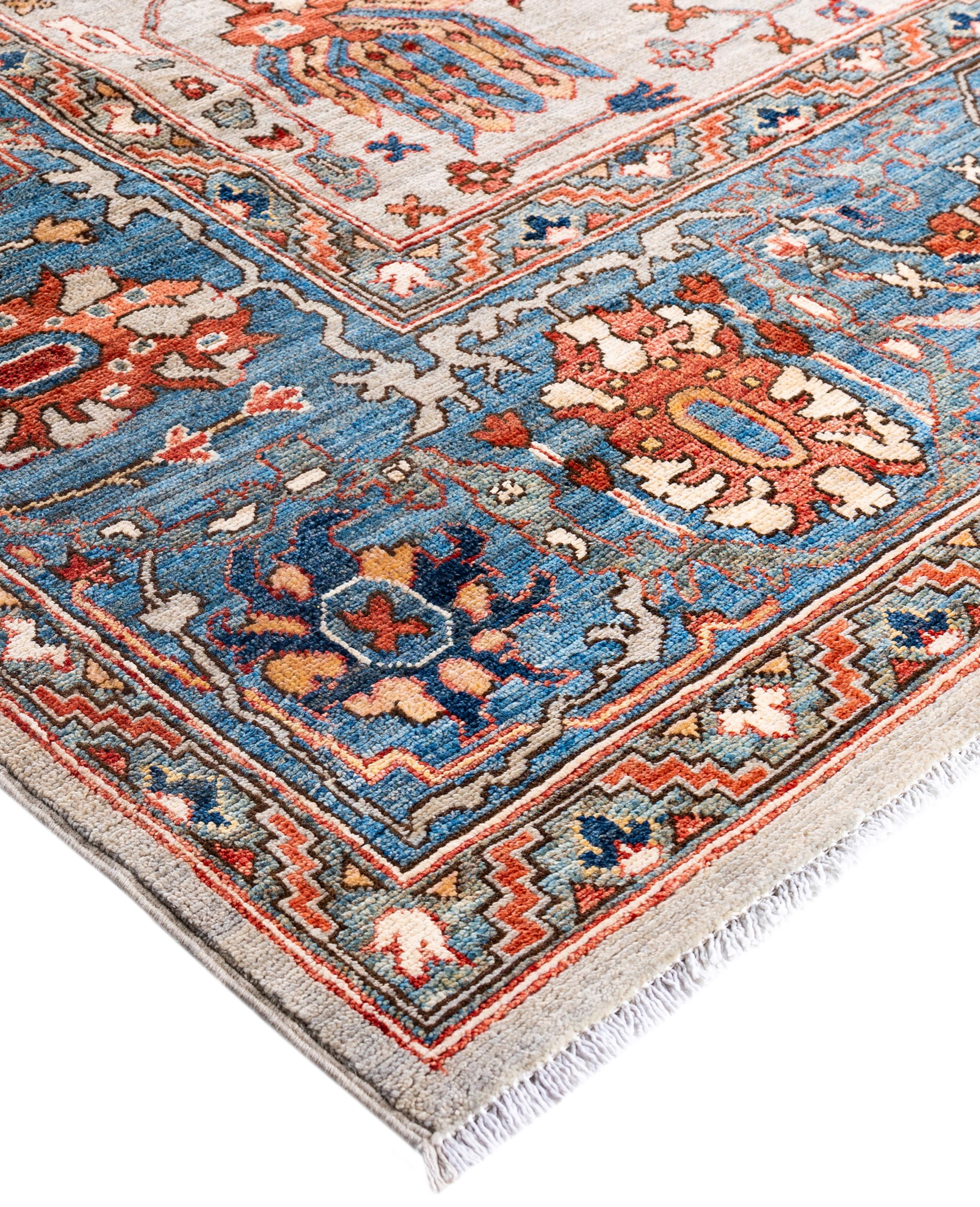 Serapi rugs are known for their bold, geometric designs and rich colors, often featuring a central medallion surrounded by intricate patterns. They typically use a warm, earthy color palette with deep reds, blues, ivory, and occasional greens. The