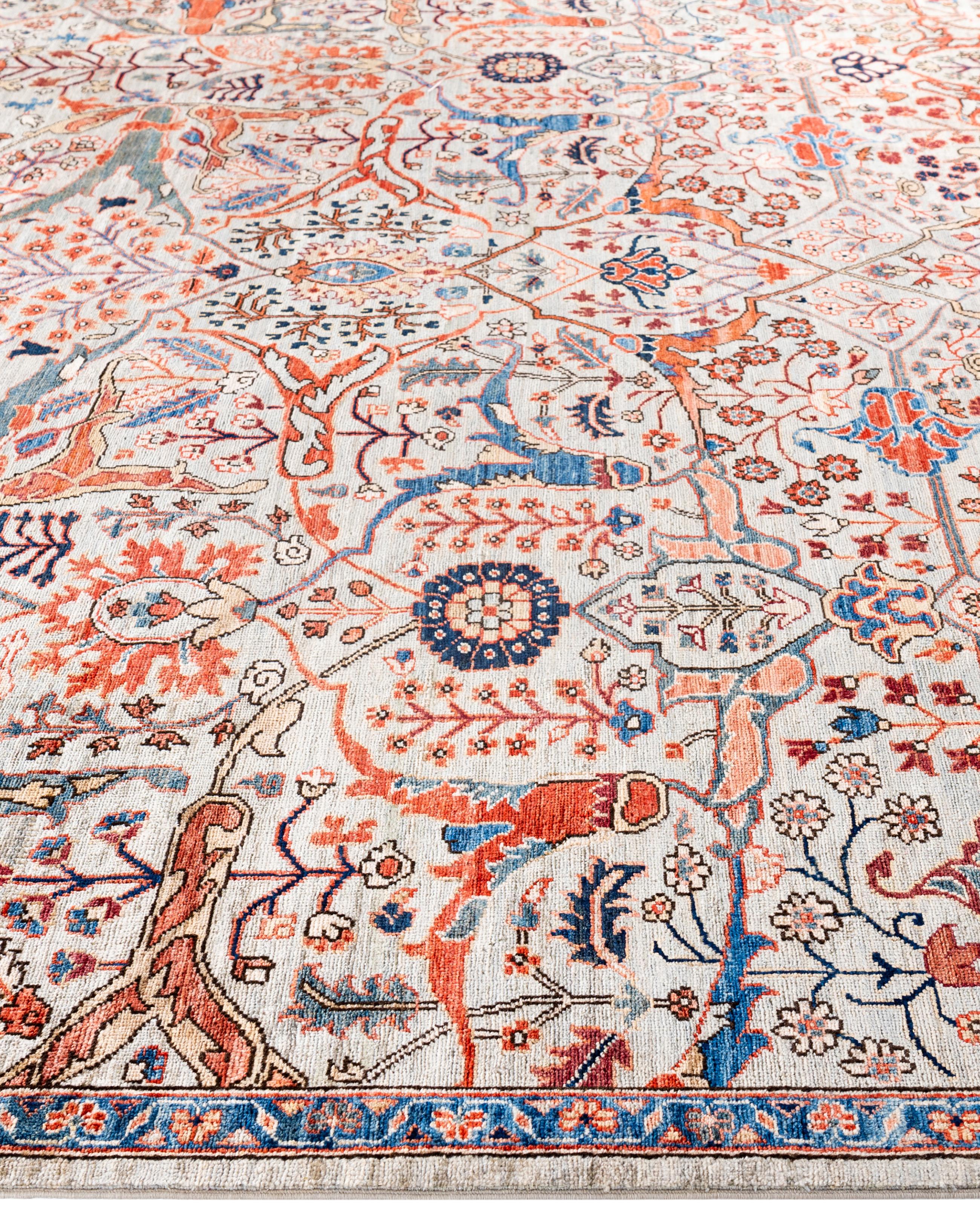 Noué à la main Serapi Tapis de sol unique en son genre en laine grise 8' 11