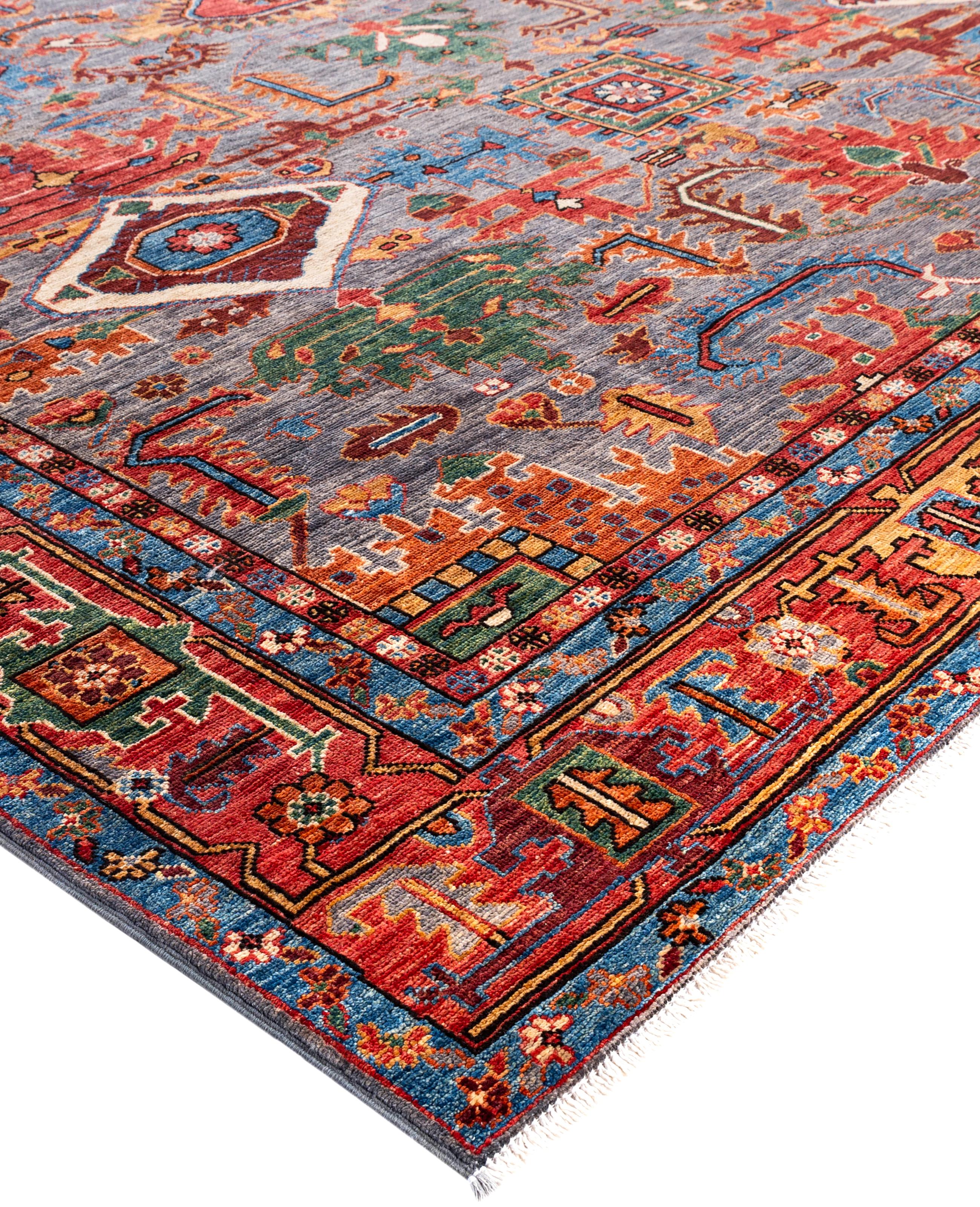 Serapi rugs are known for their bold, geometric designs and rich colors, often featuring a central medallion surrounded by intricate patterns. They typically use a warm, earthy color palette with deep reds, blues, ivory, and occasional greens. The