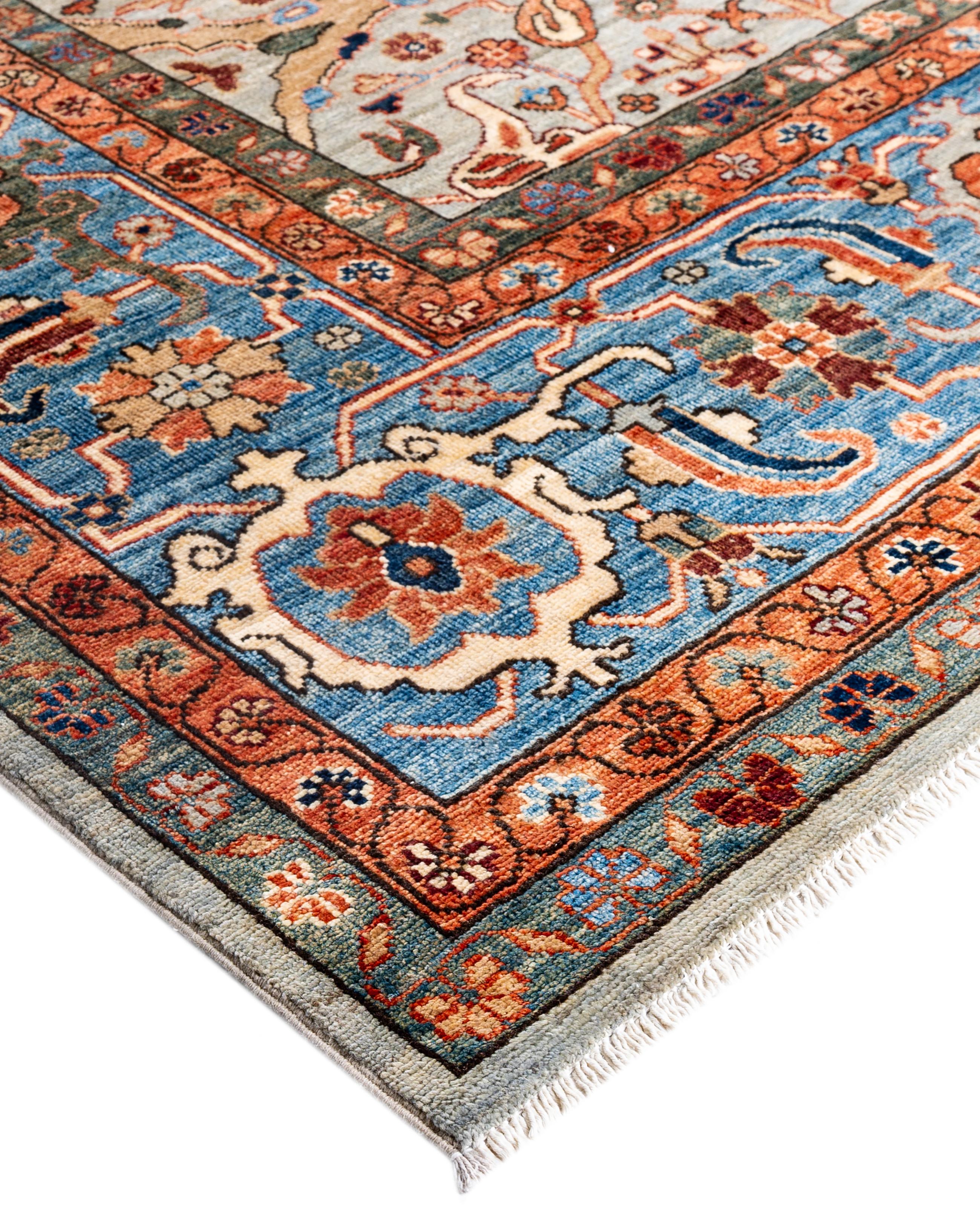 Serapi rugs are known for their bold, geometric designs and rich colors, often featuring a central medallion surrounded by intricate patterns. They typically use a warm, earthy color palette with deep reds, blues, ivory, and occasional greens. The