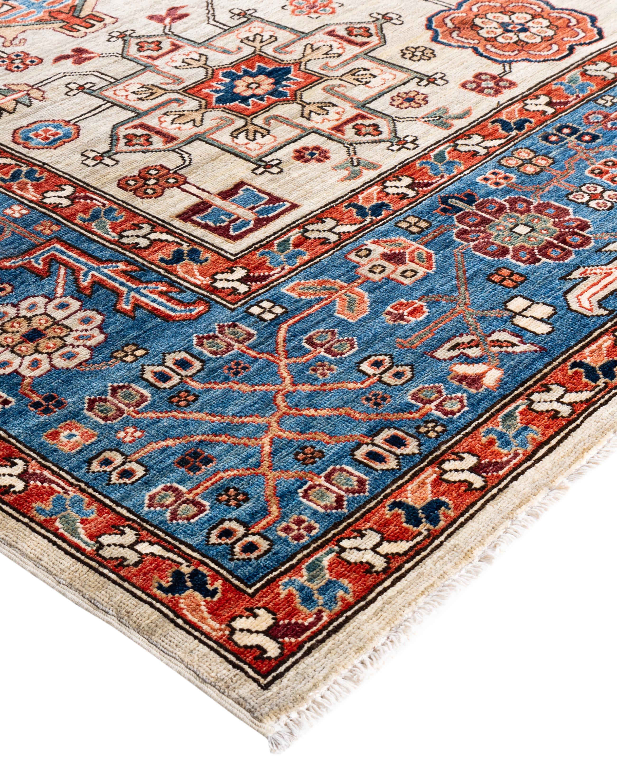Serapi rugs are known for their bold, geometric designs and rich colors, often featuring a central medallion surrounded by intricate patterns. They typically use a warm, earthy color palette with deep reds, blues, ivory, and occasional greens. The