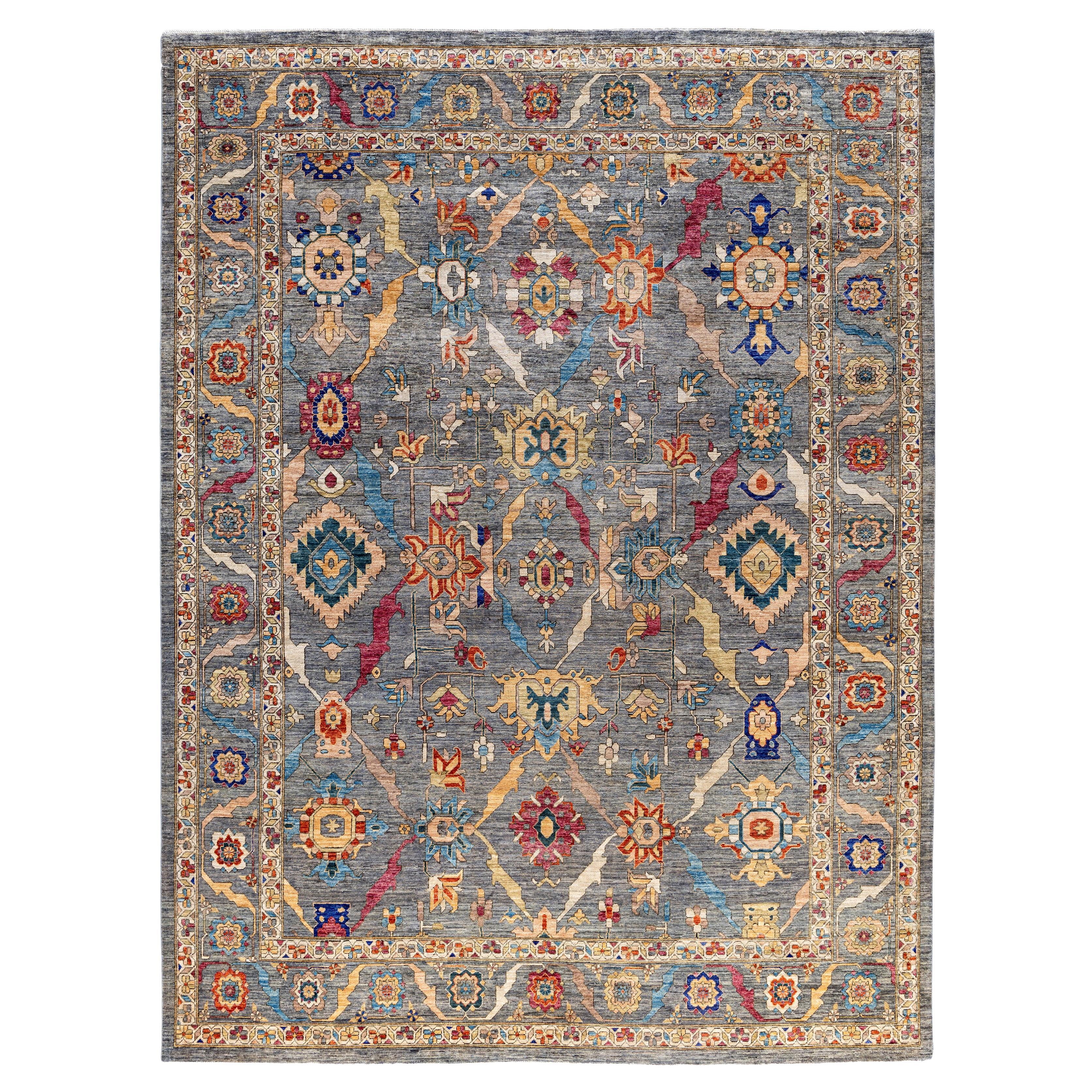 Serapi Tapis de sol unique en son genre en laine grise 9' 1" x 12' 2"