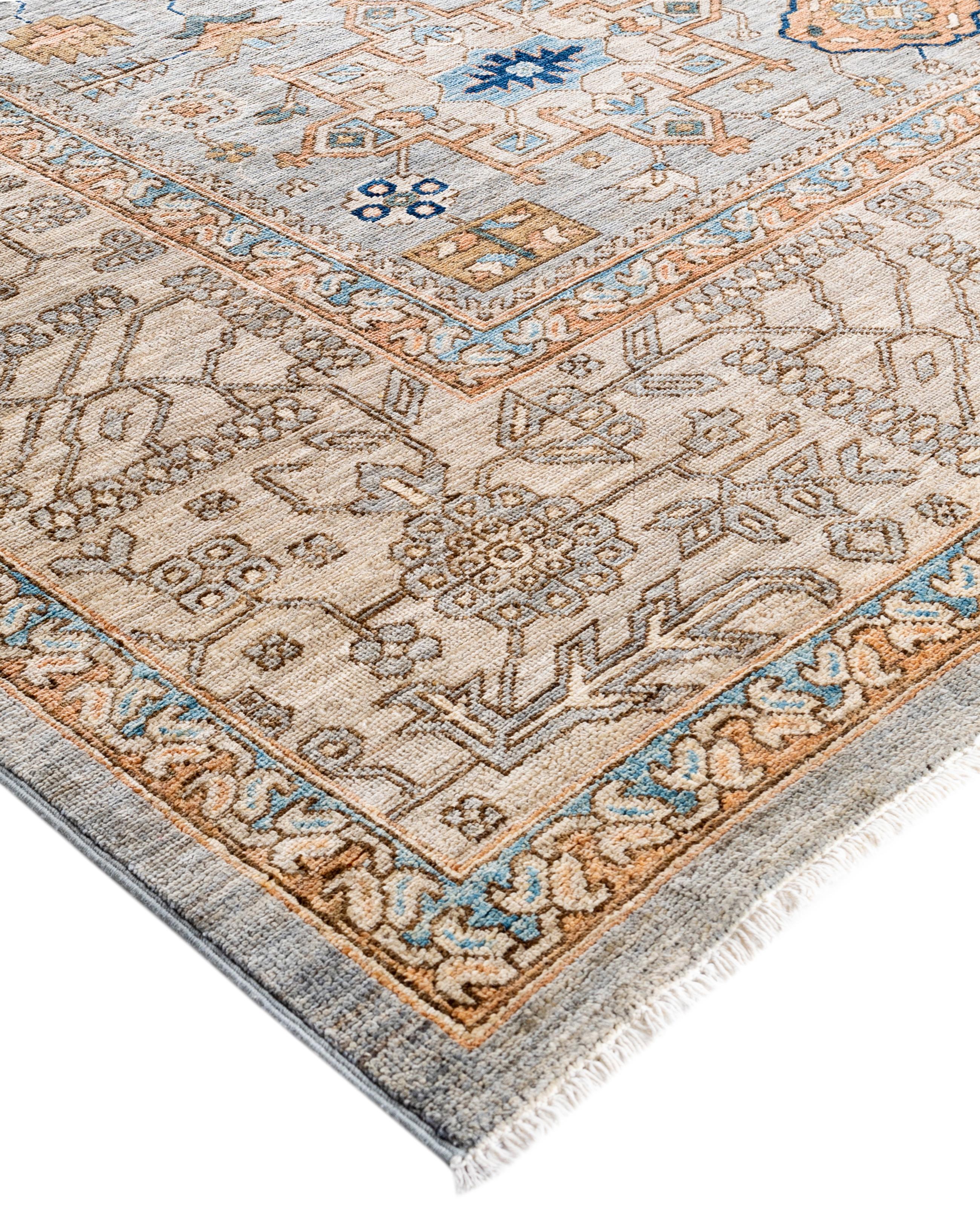 Serapi rugs are known for their bold, geometric designs and rich colors, often featuring a central medallion surrounded by intricate patterns. They typically use a warm, earthy color palette with deep reds, blues, ivory, and occasional greens. The