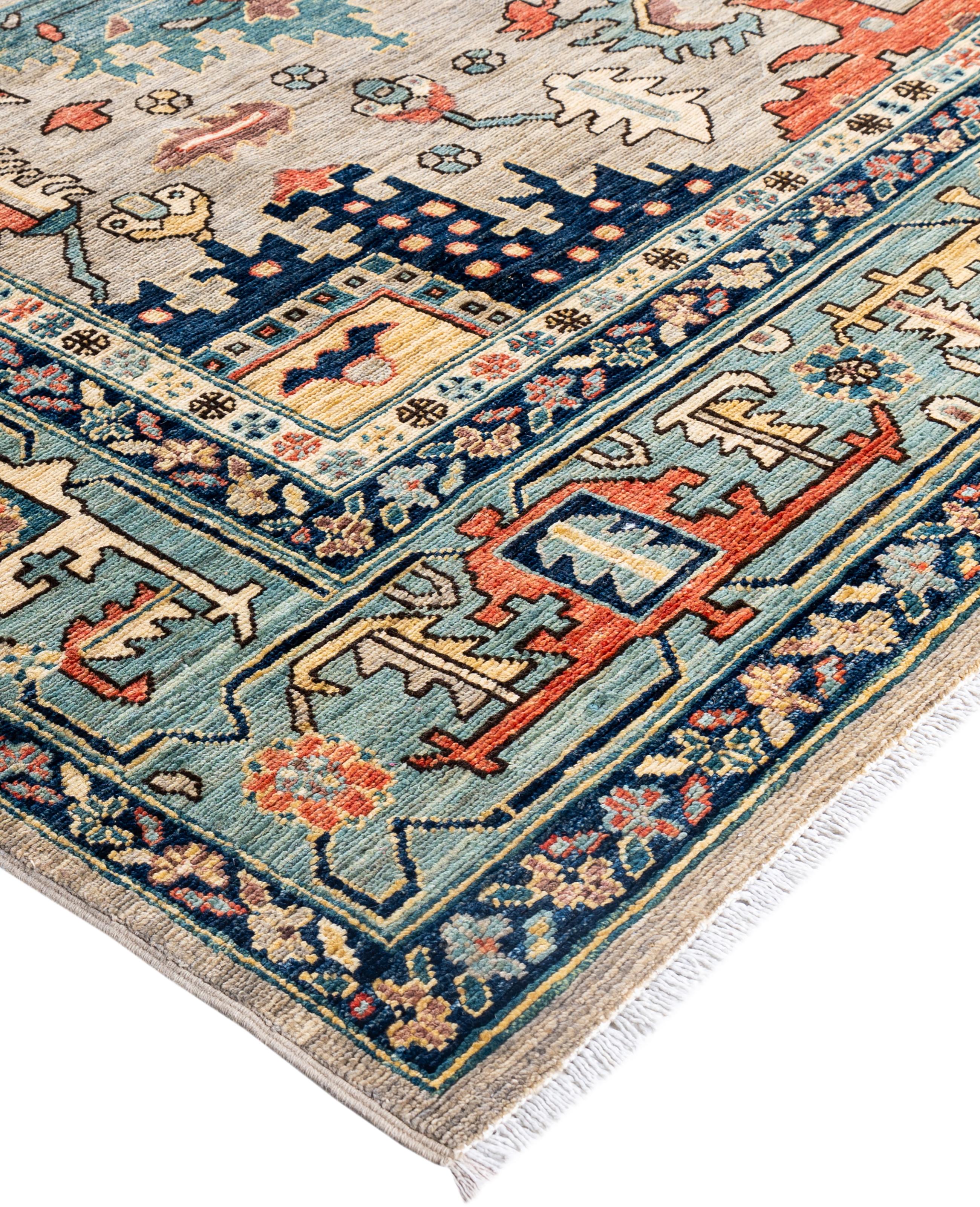 Serapi rugs are known for their bold, geometric designs and rich colors, often featuring a central medallion surrounded by intricate patterns. They typically use a warm, earthy color palette with deep reds, blues, ivory, and occasional greens. The