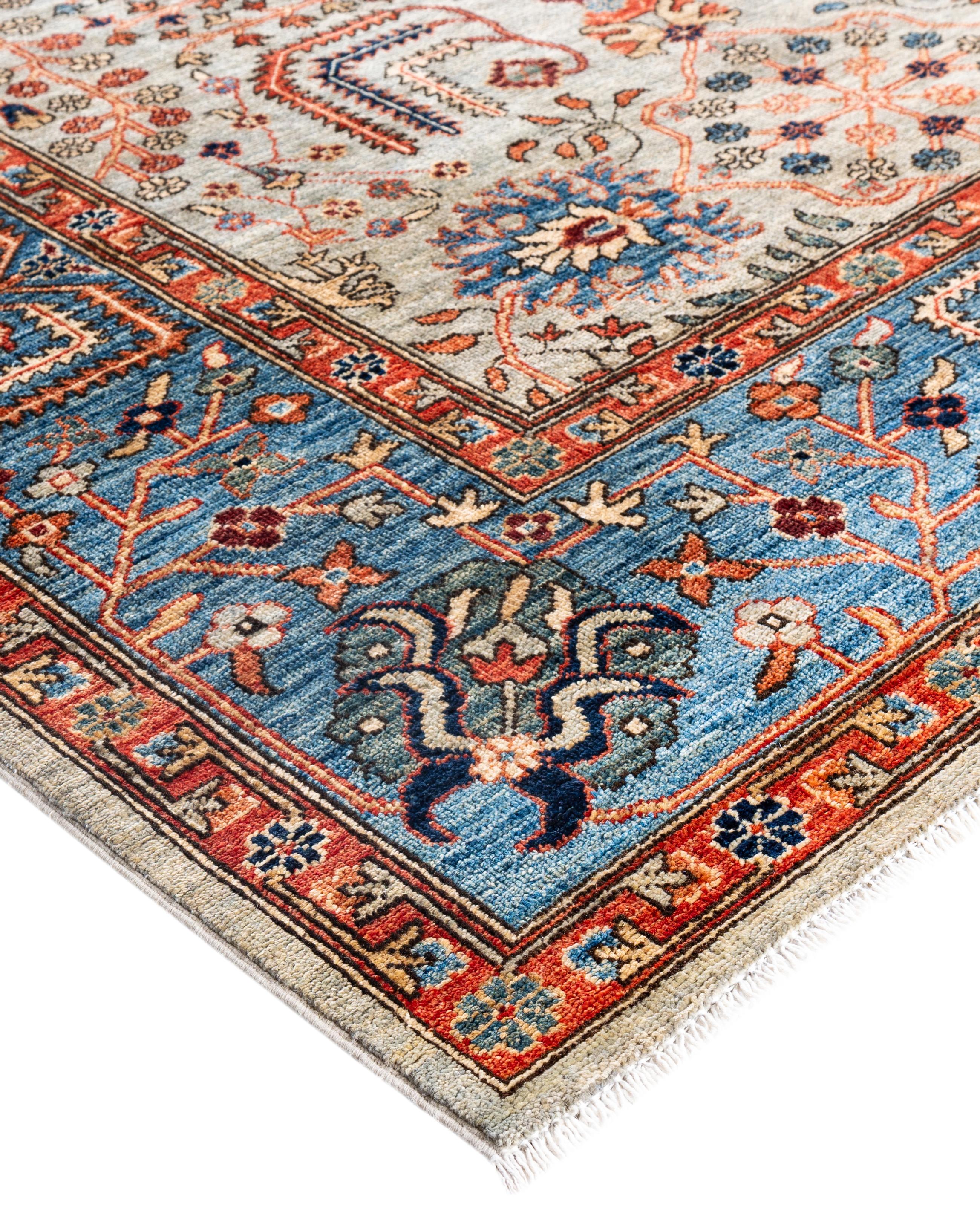 Serapi rugs are known for their bold, geometric designs and rich colors, often featuring a central medallion surrounded by intricate patterns. They typically use a warm, earthy color palette with deep reds, blues, ivory, and occasional greens. The