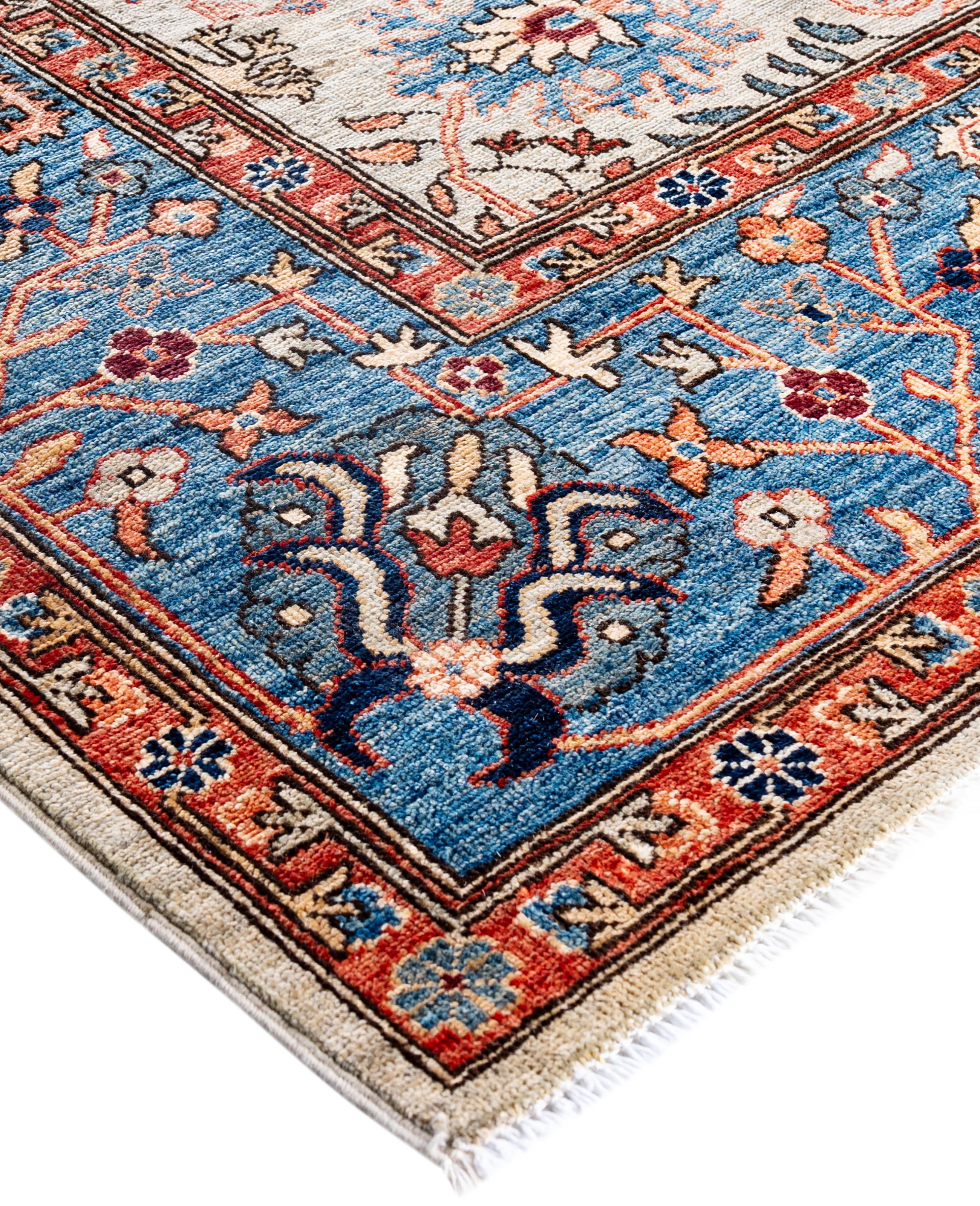 Serapi rugs are known for their bold, geometric designs and rich colors, often featuring a central medallion surrounded by intricate patterns. They typically use a warm, earthy color palette with deep reds, blues, ivory, and occasional greens. The