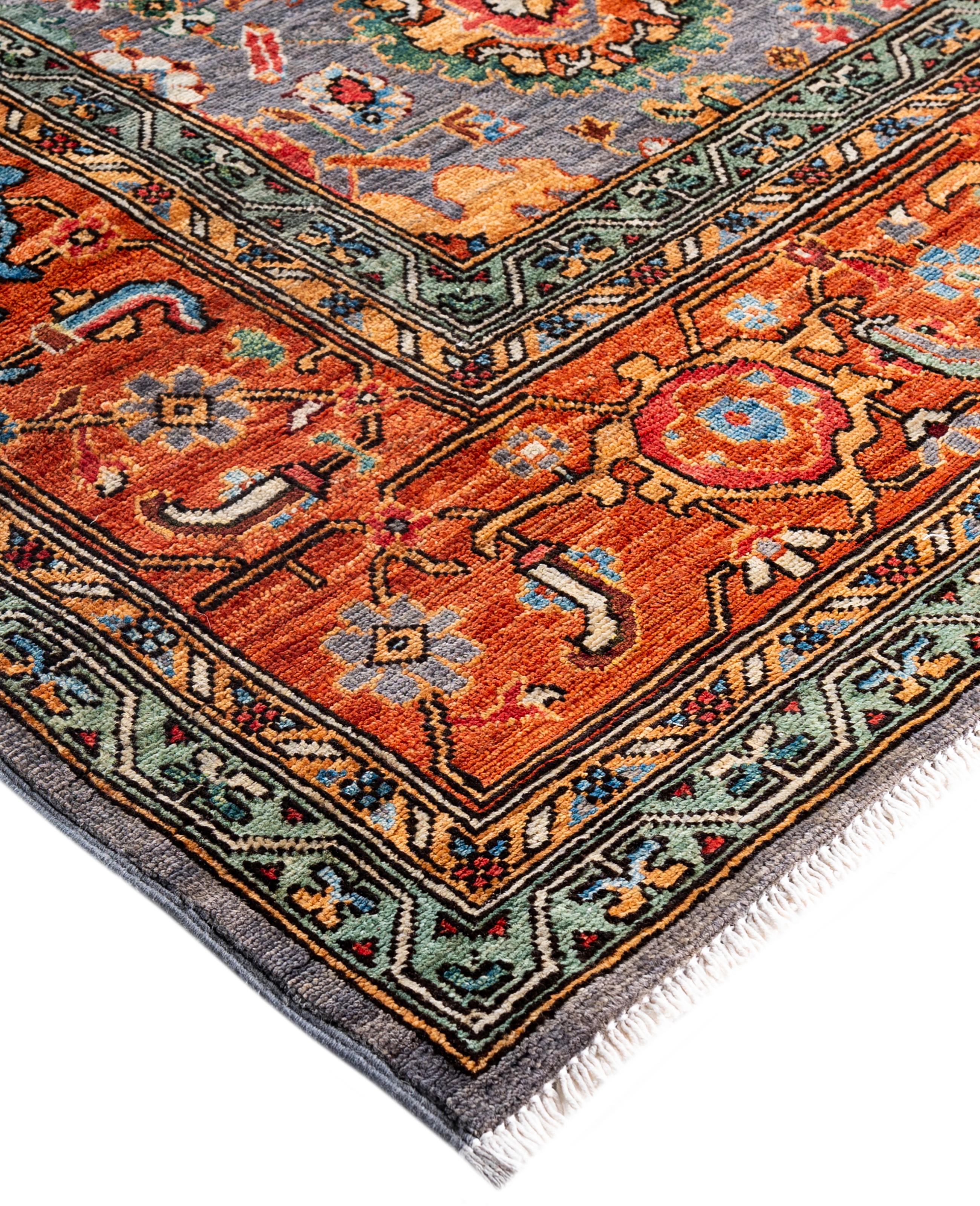 Serapi rugs are known for their bold, geometric designs and rich colors, often featuring a central medallion surrounded by intricate patterns. They typically use a warm, earthy color palette with deep reds, blues, ivory, and occasional greens. The