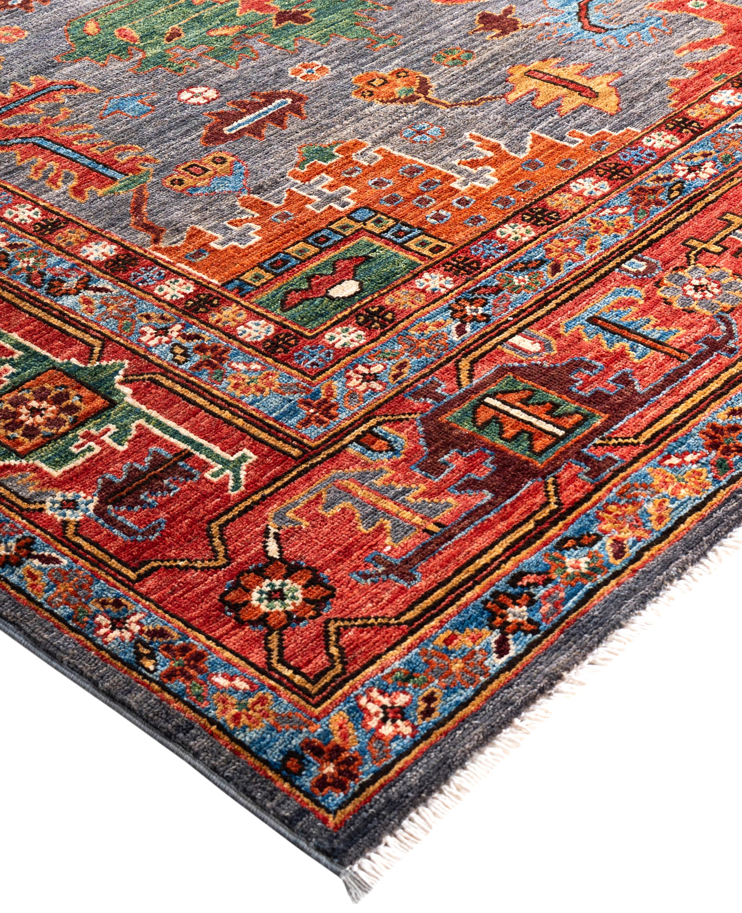 Serapi rugs are known for their bold, geometric designs and rich colors, often featuring a central medallion surrounded by intricate patterns. They typically use a warm, earthy color palette with deep reds, blues, ivory, and occasional greens. The