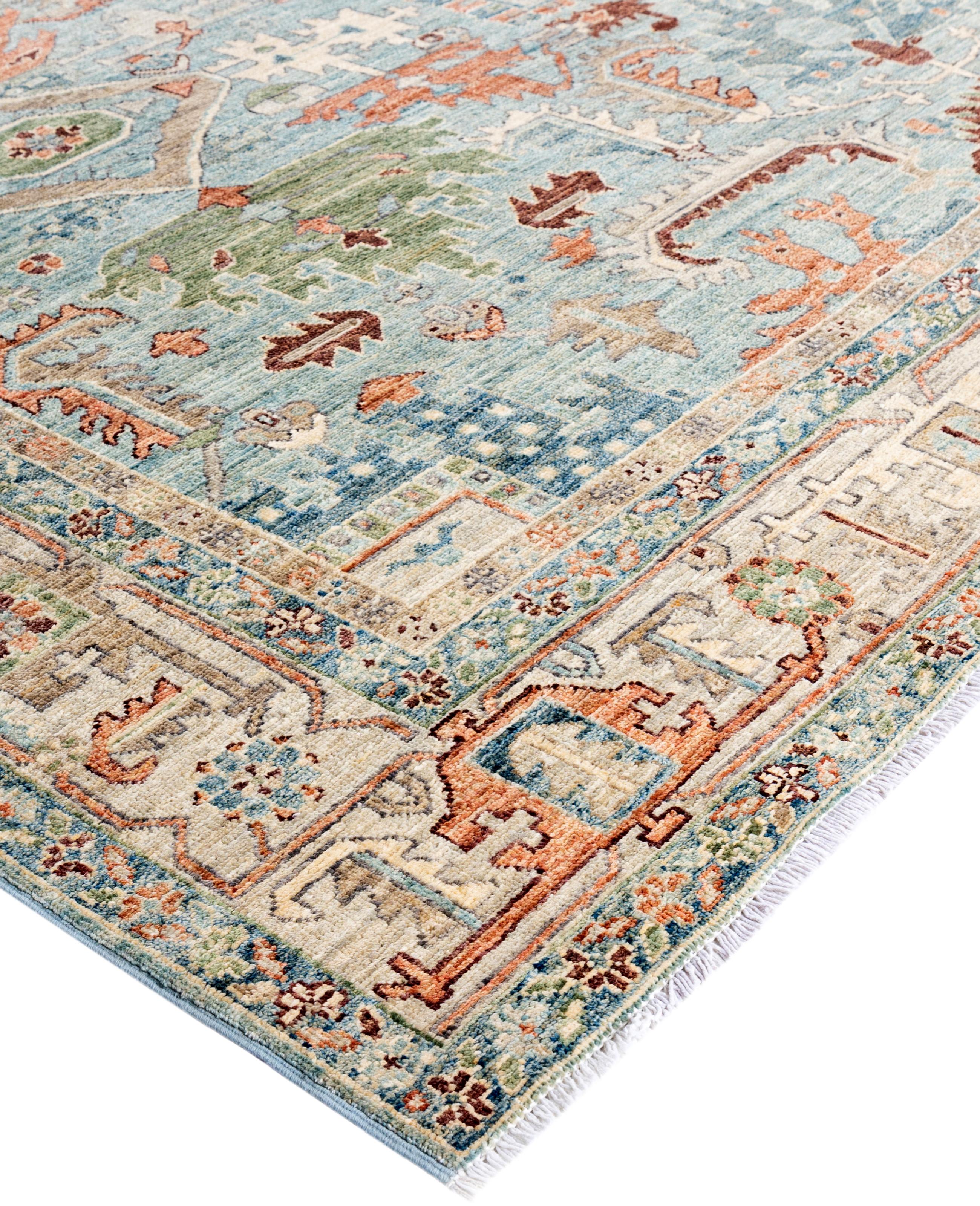 Serapi rugs are known for their bold, geometric designs and rich colors, often featuring a central medallion surrounded by intricate patterns. They typically use a warm, earthy color palette with deep reds, blues, ivory, and occasional greens. The