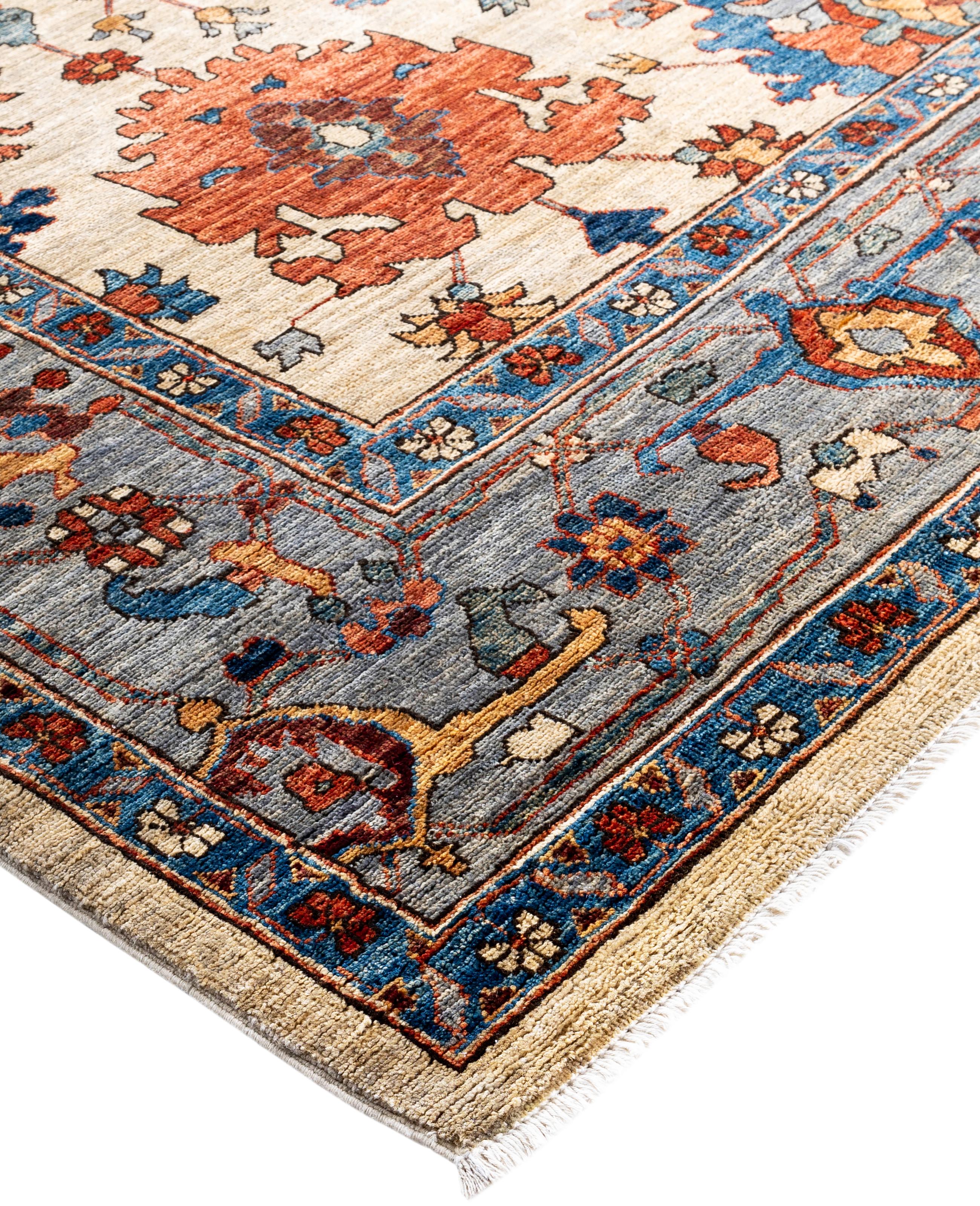 Serapi rugs are known for their bold, geometric designs and rich colors, often featuring a central medallion surrounded by intricate patterns. They typically use a warm, earthy color palette with deep reds, blues, ivory, and occasional greens. The