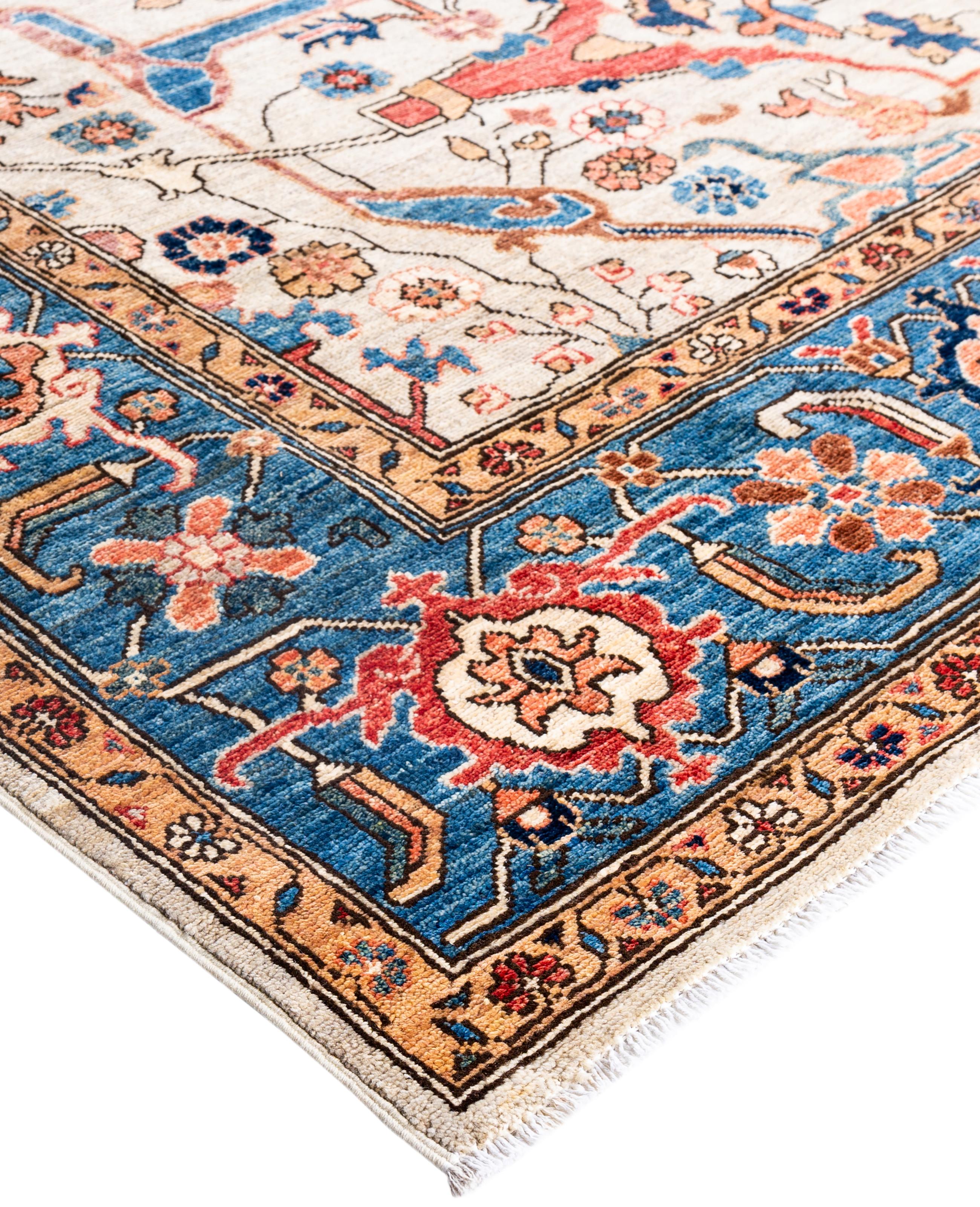Serapi rugs are known for their bold, geometric designs and rich colors, often featuring a central medallion surrounded by intricate patterns. They typically use a warm, earthy color palette with deep reds, blues, ivory, and occasional greens. The