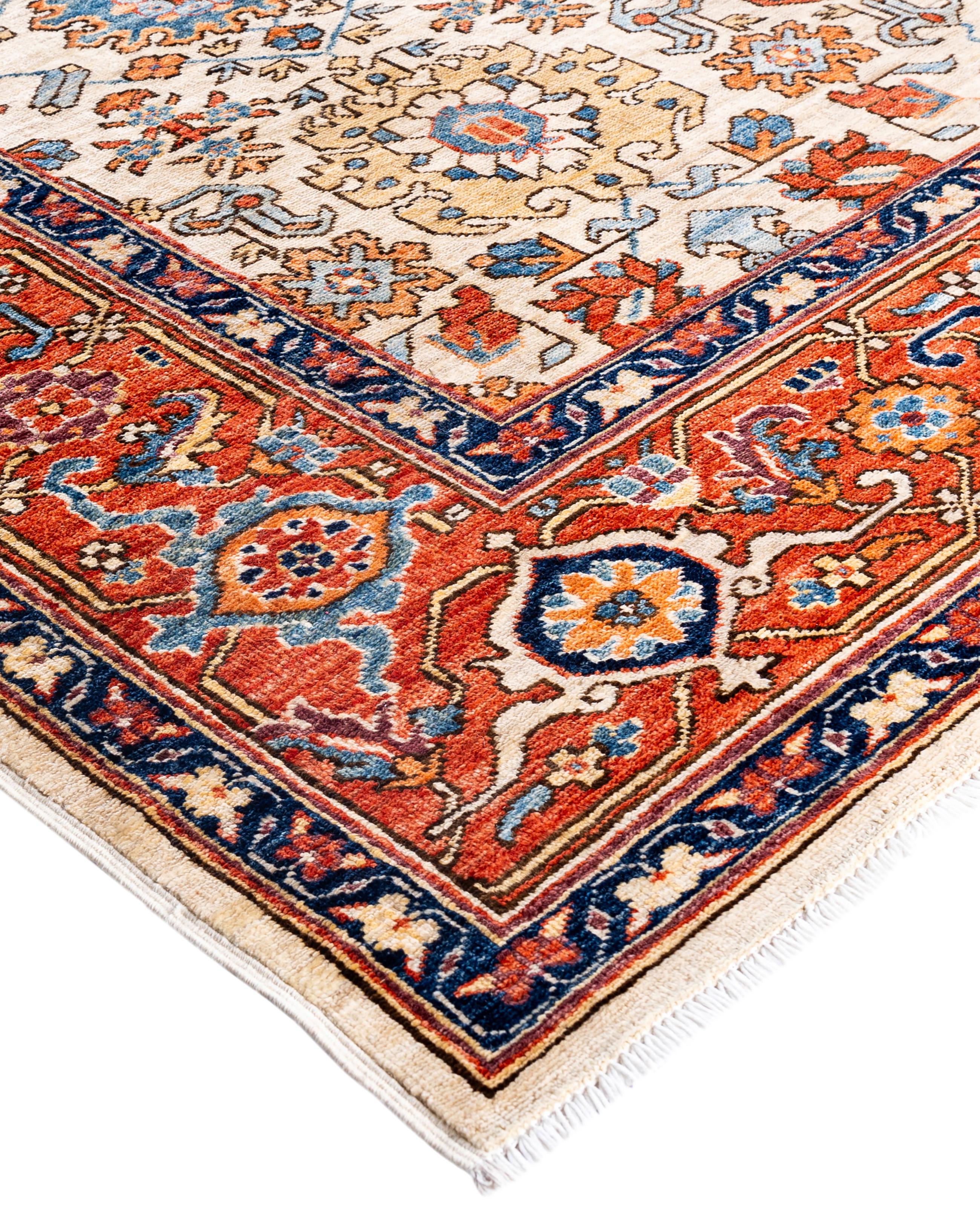 I tappeti Serapi sono noti per i loro audaci disegni geometrici e i colori ricchi, spesso caratterizzati da un medaglione centrale circondato da motivi intricati. In genere utilizzano una tavolozza di colori caldi e terrosi con rossi intensi, blu,