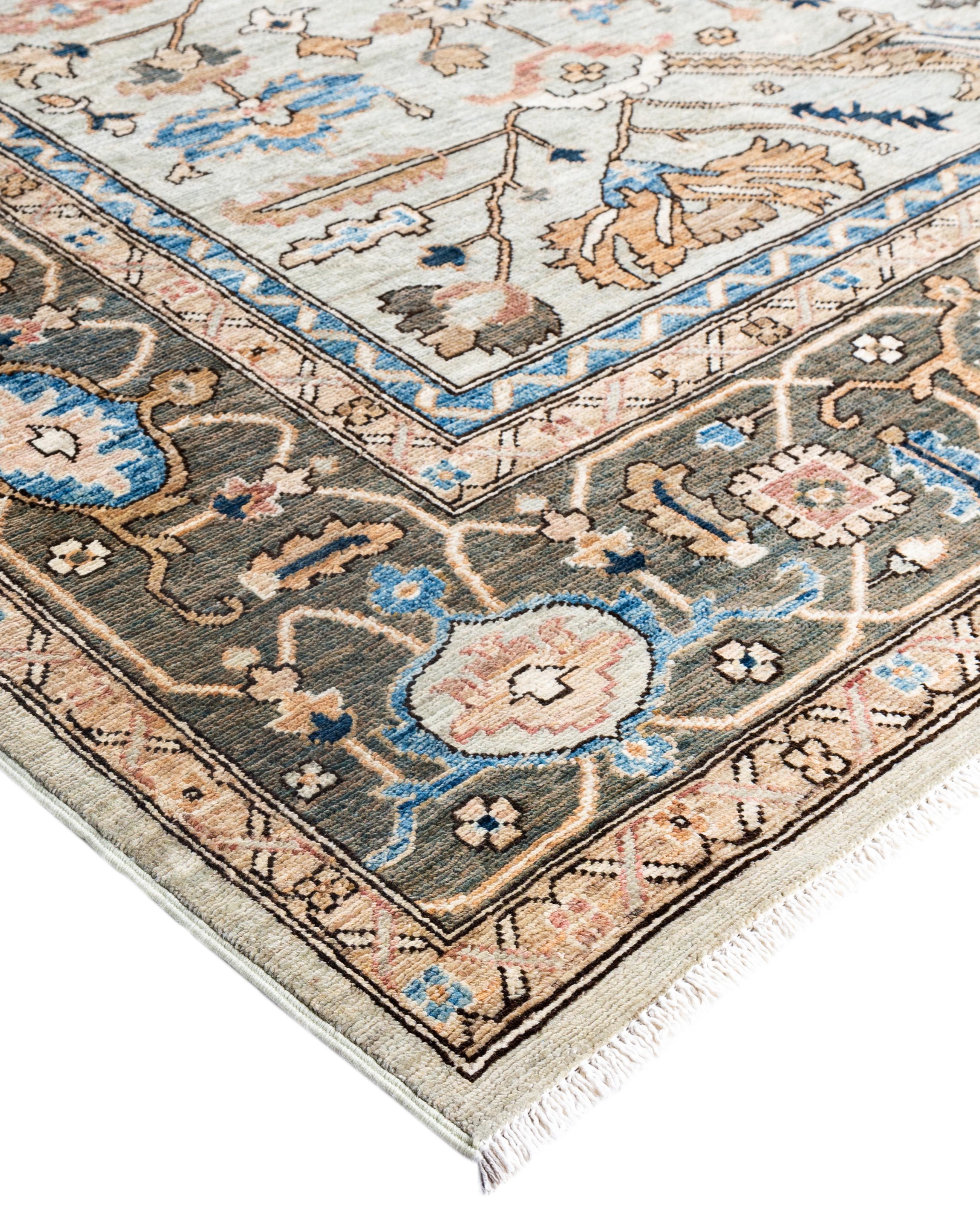 Serapi rugs are known for their bold, geometric designs and rich colors, often featuring a central medallion surrounded by intricate patterns. They typically use a warm, earthy color palette with deep reds, blues, ivory, and occasional greens. The
