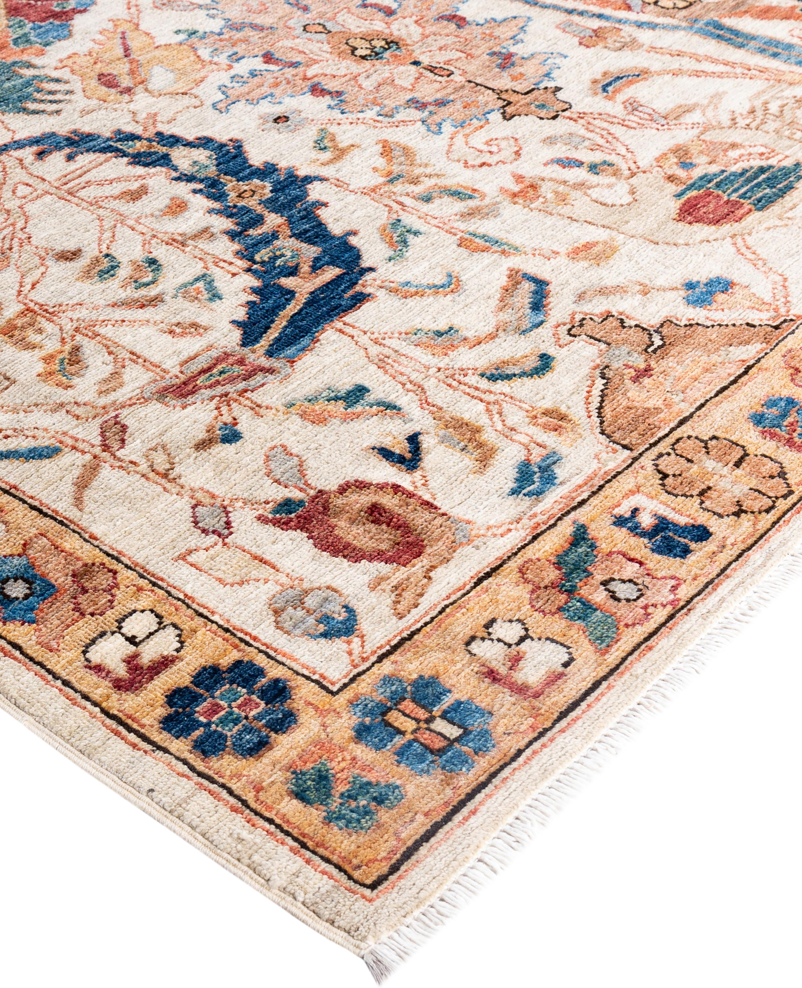 Serapi rugs are known for their bold, geometric designs and rich colors, often featuring a central medallion surrounded by intricate patterns. They typically use a warm, earthy color palette with deep reds, blues, ivory, and occasional greens. The