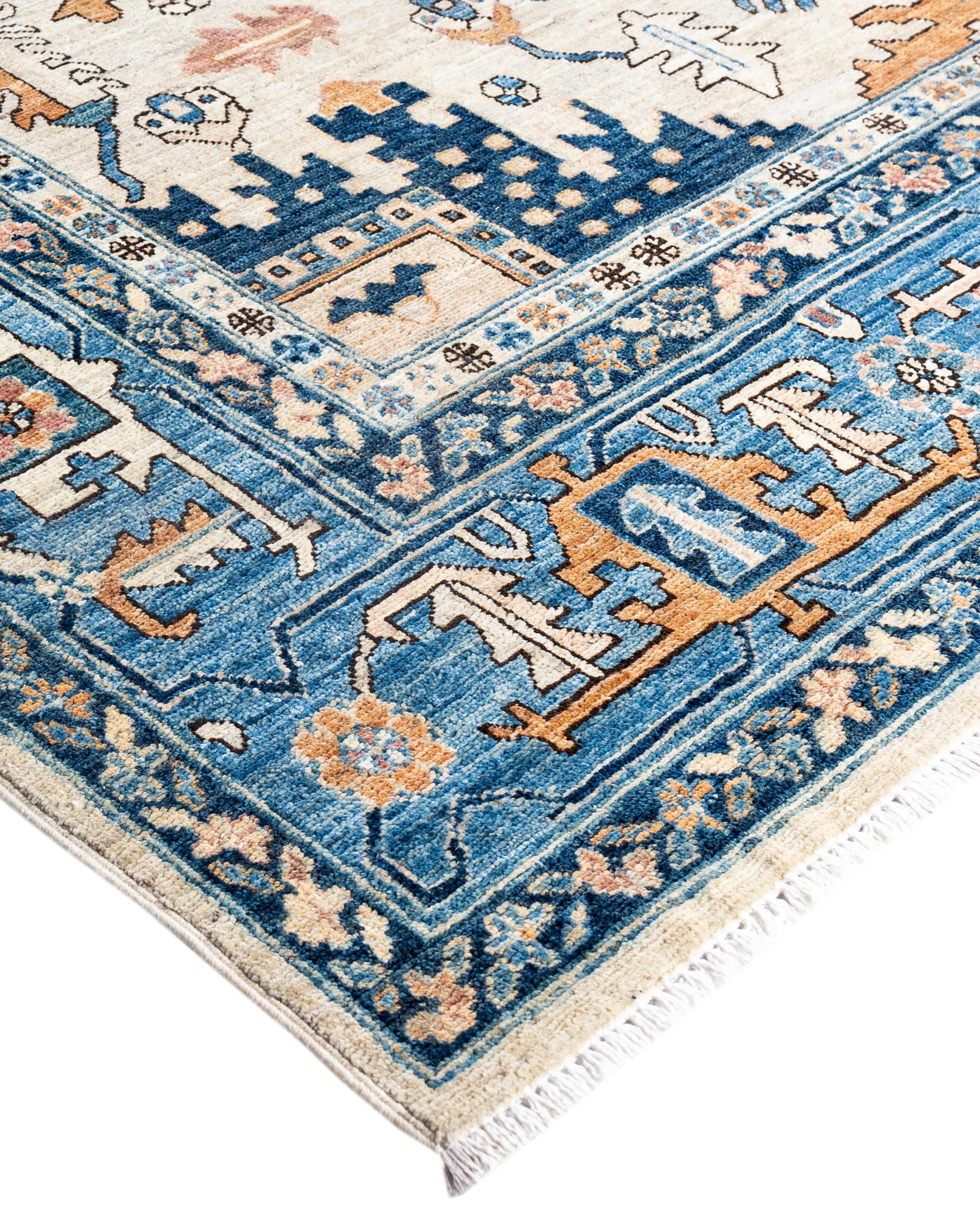 Serapi rugs are known for their bold, geometric designs and rich colors, often featuring a central medallion surrounded by intricate patterns. They typically use a warm, earthy color palette with deep reds, blues, ivory, and occasional greens. The