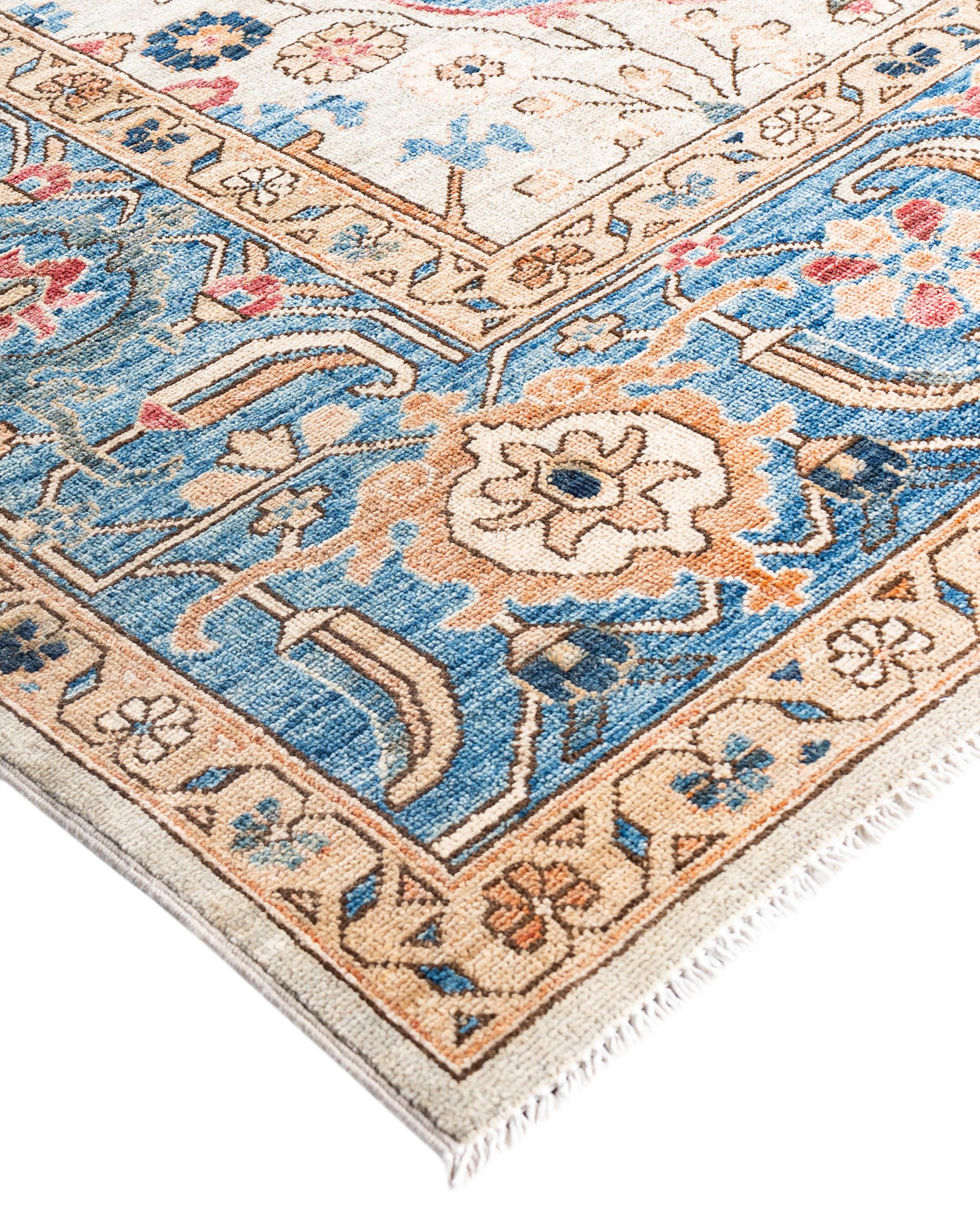 Serapi rugs are known for their bold, geometric designs and rich colors, often featuring a central medallion surrounded by intricate patterns. They typically use a warm, earthy color palette with deep reds, blues, ivory, and occasional greens. The