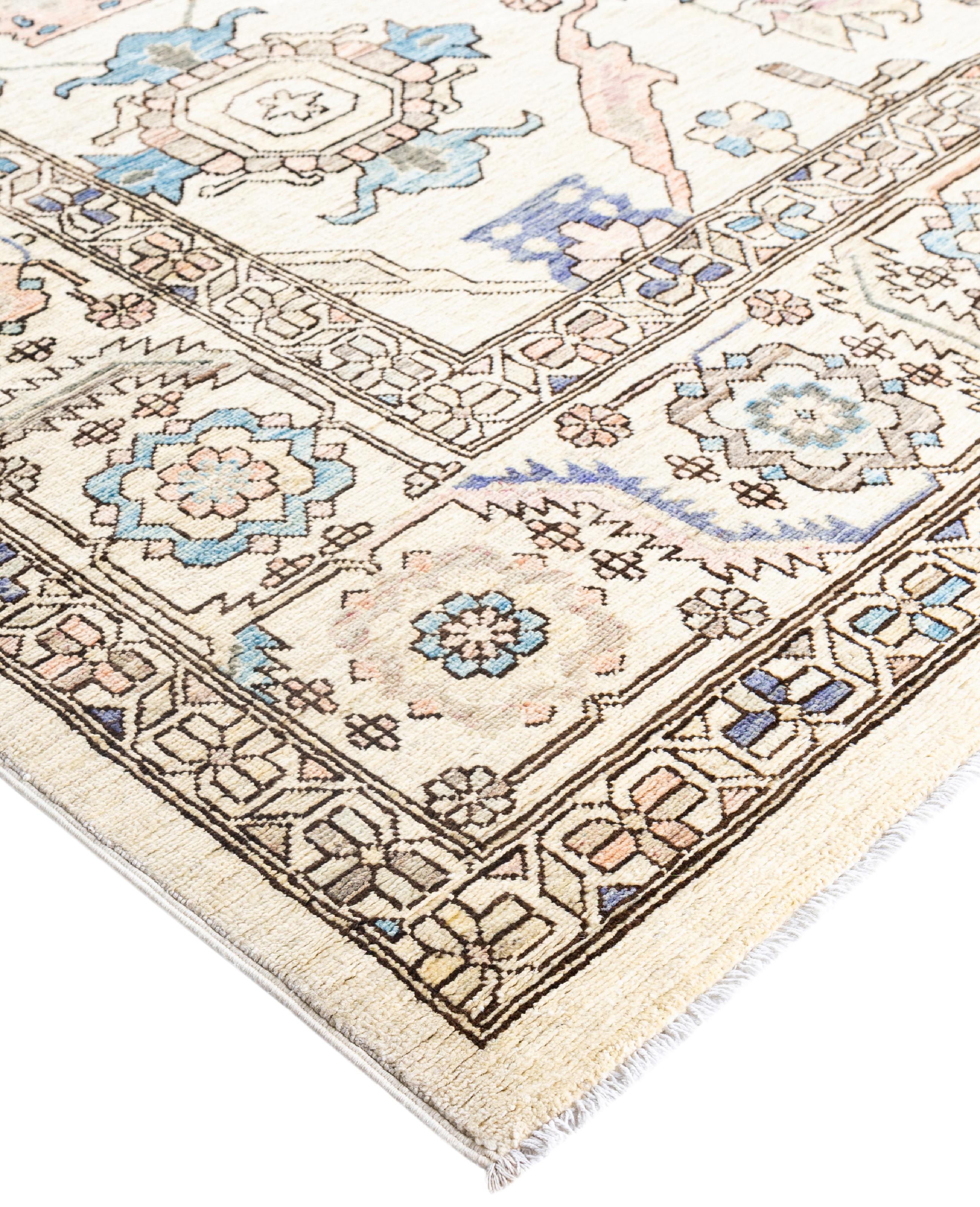 Serapi rugs are known for their bold, geometric designs and rich colors, often featuring a central medallion surrounded by intricate patterns. They typically use a warm, earthy color palette with deep reds, blues, ivory, and occasional greens. The
