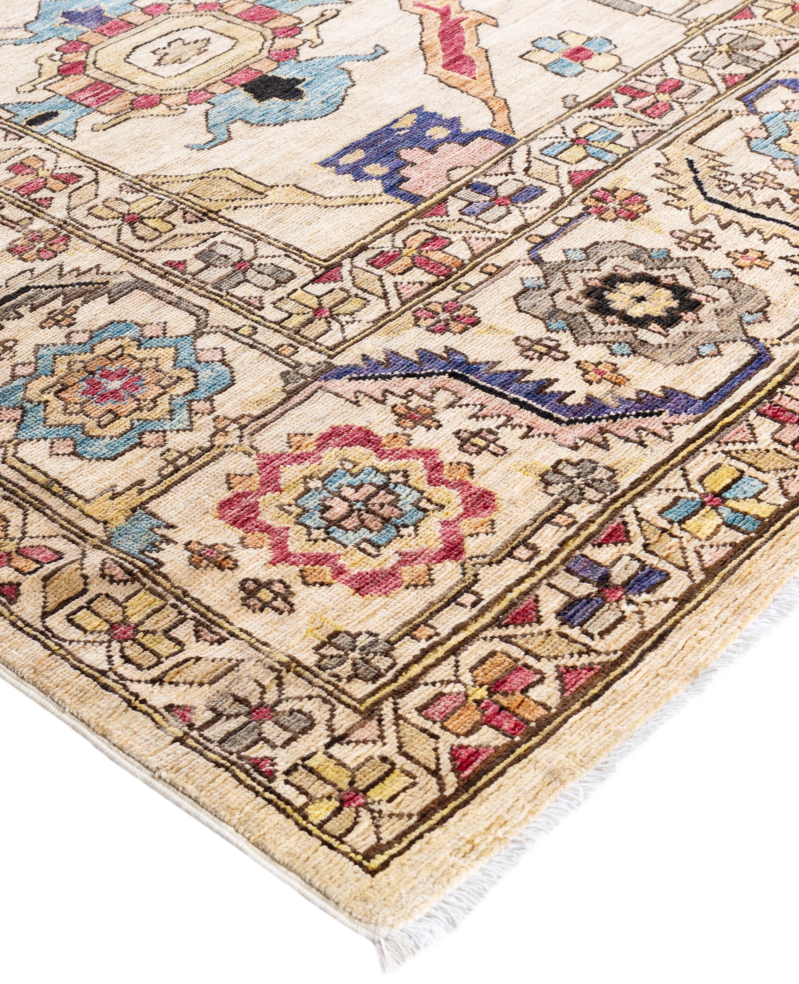 Serapi rugs are known for their bold, geometric designs and rich colors, often featuring a central medallion surrounded by intricate patterns. They typically use a warm, earthy color palette with deep reds, blues, ivory, and occasional greens. The