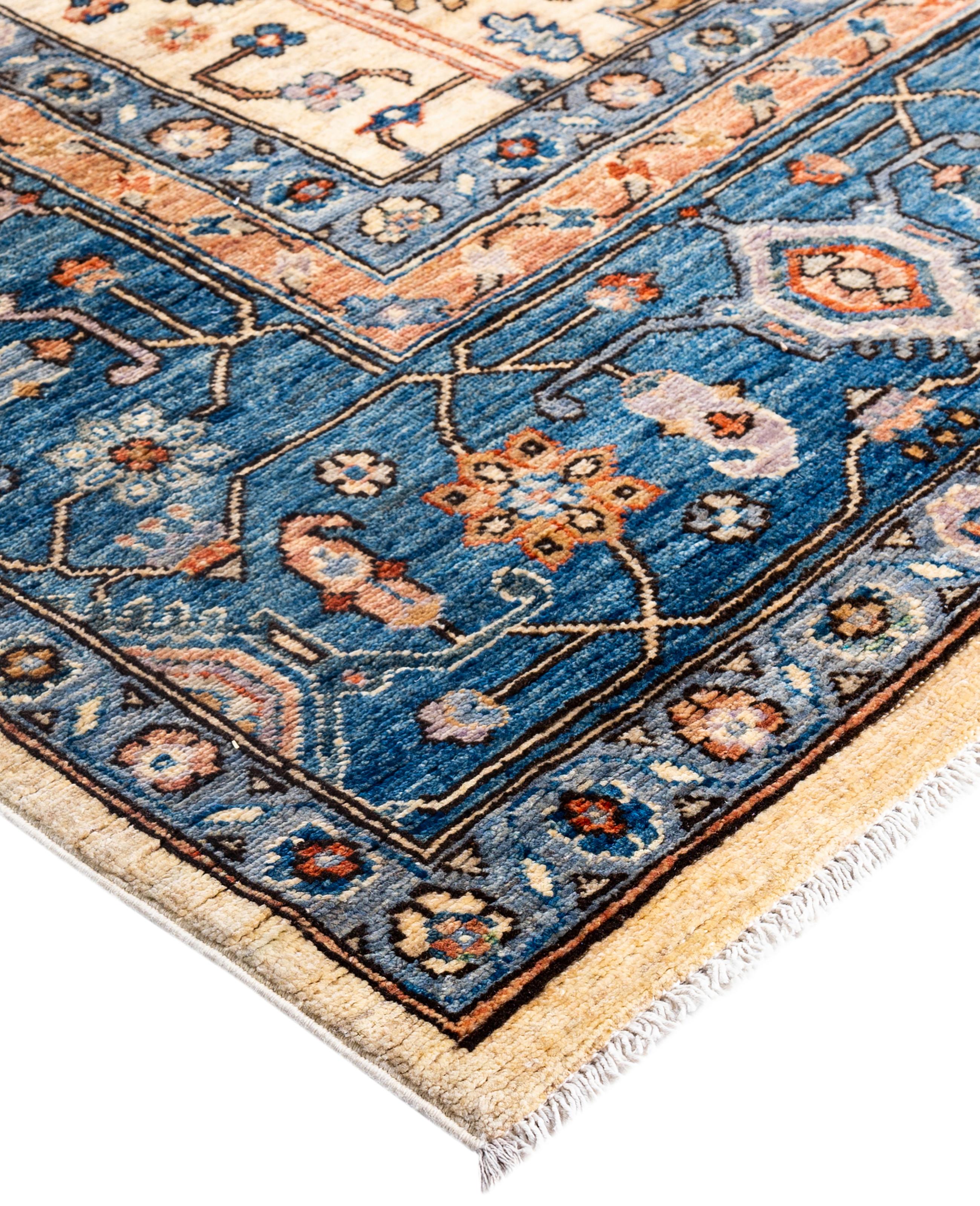 Serapi rugs are known for their bold, geometric designs and rich colors, often featuring a central medallion surrounded by intricate patterns. They typically use a warm, earthy color palette with deep reds, blues, ivory, and occasional greens. The