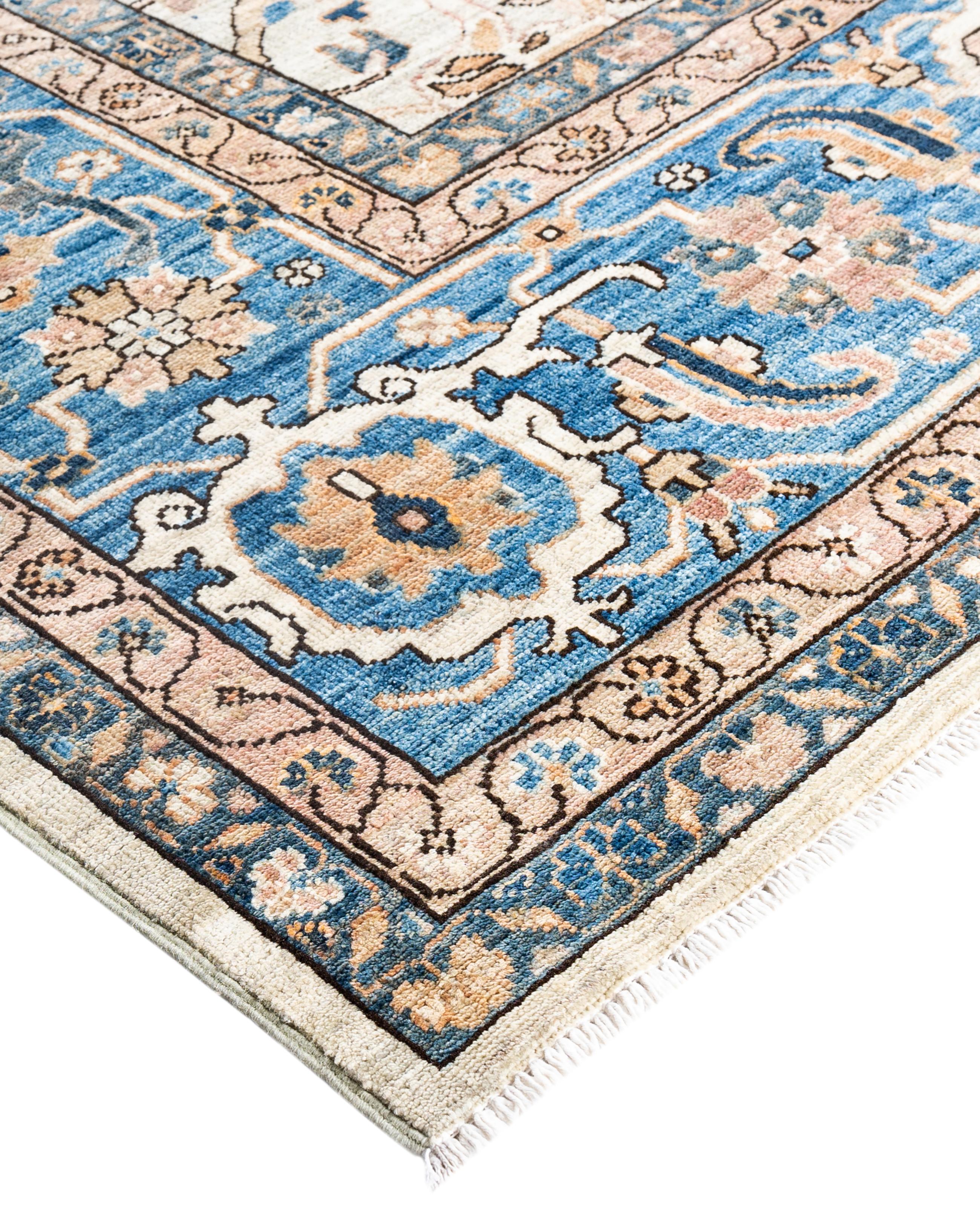 Serapi rugs are known for their bold, geometric designs and rich colors, often featuring a central medallion surrounded by intricate patterns. They typically use a warm, earthy color palette with deep reds, blues, ivory, and occasional greens. The