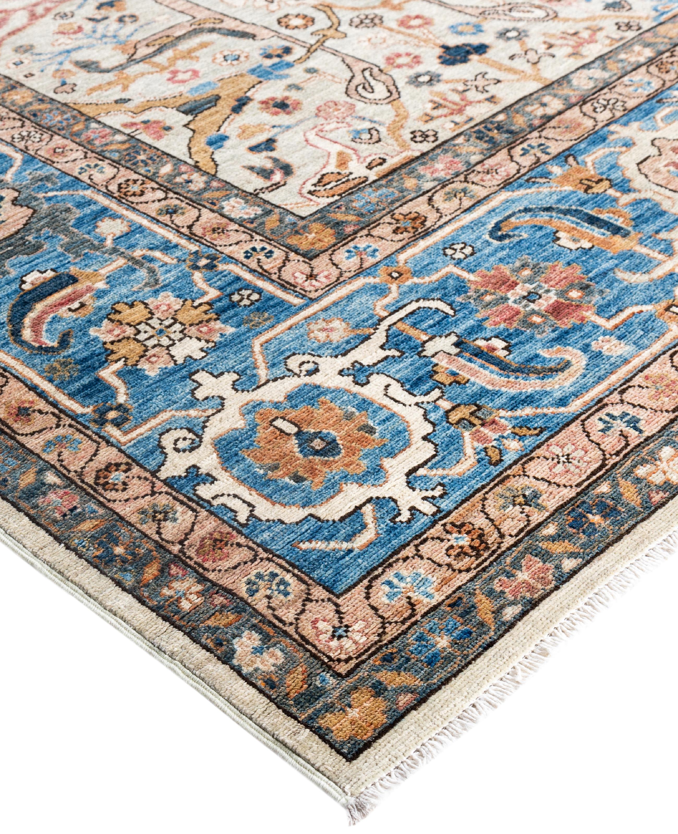 Serapi rugs are known for their bold, geometric designs and rich colors, often featuring a central medallion surrounded by intricate patterns. They typically use a warm, earthy color palette with deep reds, blues, ivory, and occasional greens. The