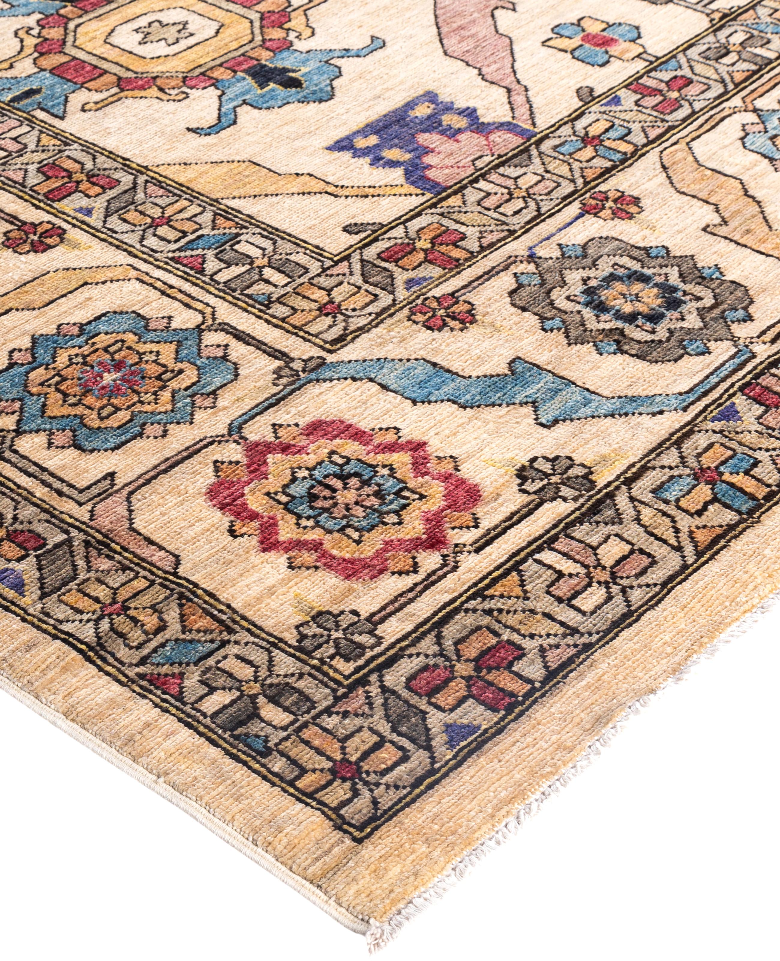I tappeti Serapi sono noti per i loro audaci disegni geometrici e i colori ricchi, spesso caratterizzati da un medaglione centrale circondato da motivi intricati. In genere utilizzano una tavolozza di colori caldi e terrosi con rossi intensi, blu,