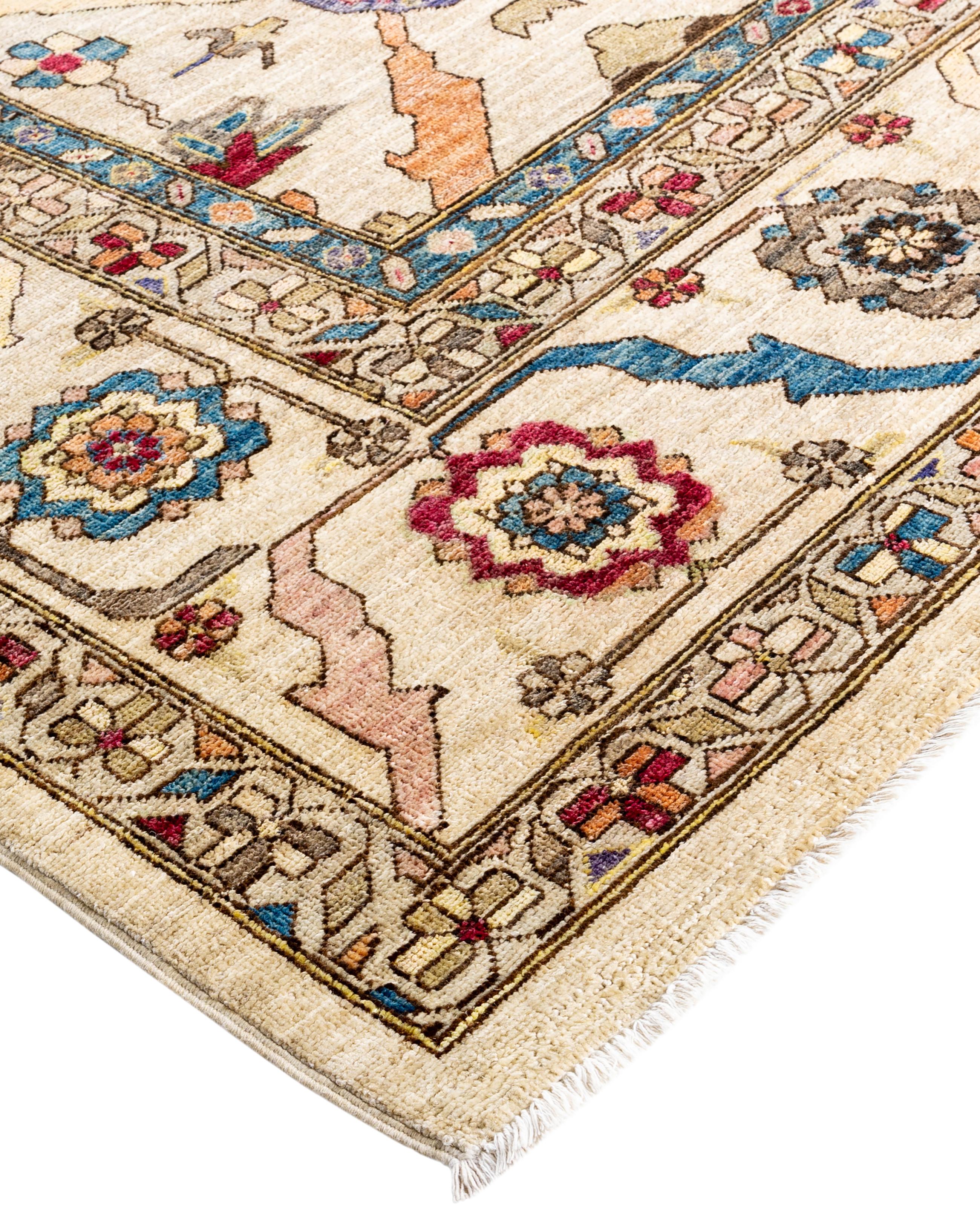 Serapi rugs are known for their bold, geometric designs and rich colors, often featuring a central medallion surrounded by intricate patterns. They typically use a warm, earthy color palette with deep reds, blues, ivory, and occasional greens. The