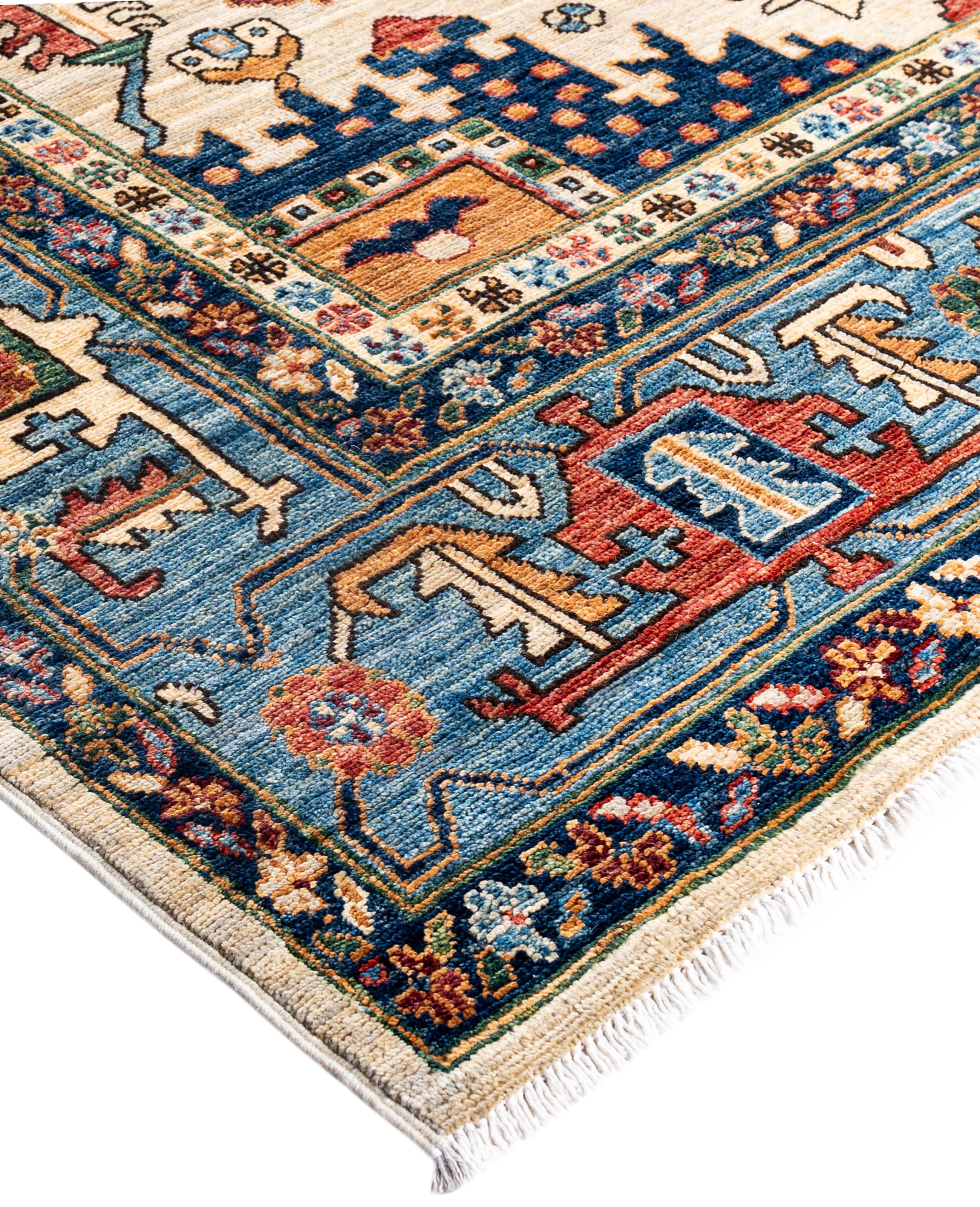 Serapi rugs are known for their bold, geometric designs and rich colors, often featuring a central medallion surrounded by intricate patterns. They typically use a warm, earthy color palette with deep reds, blues, ivory, and occasional greens. The