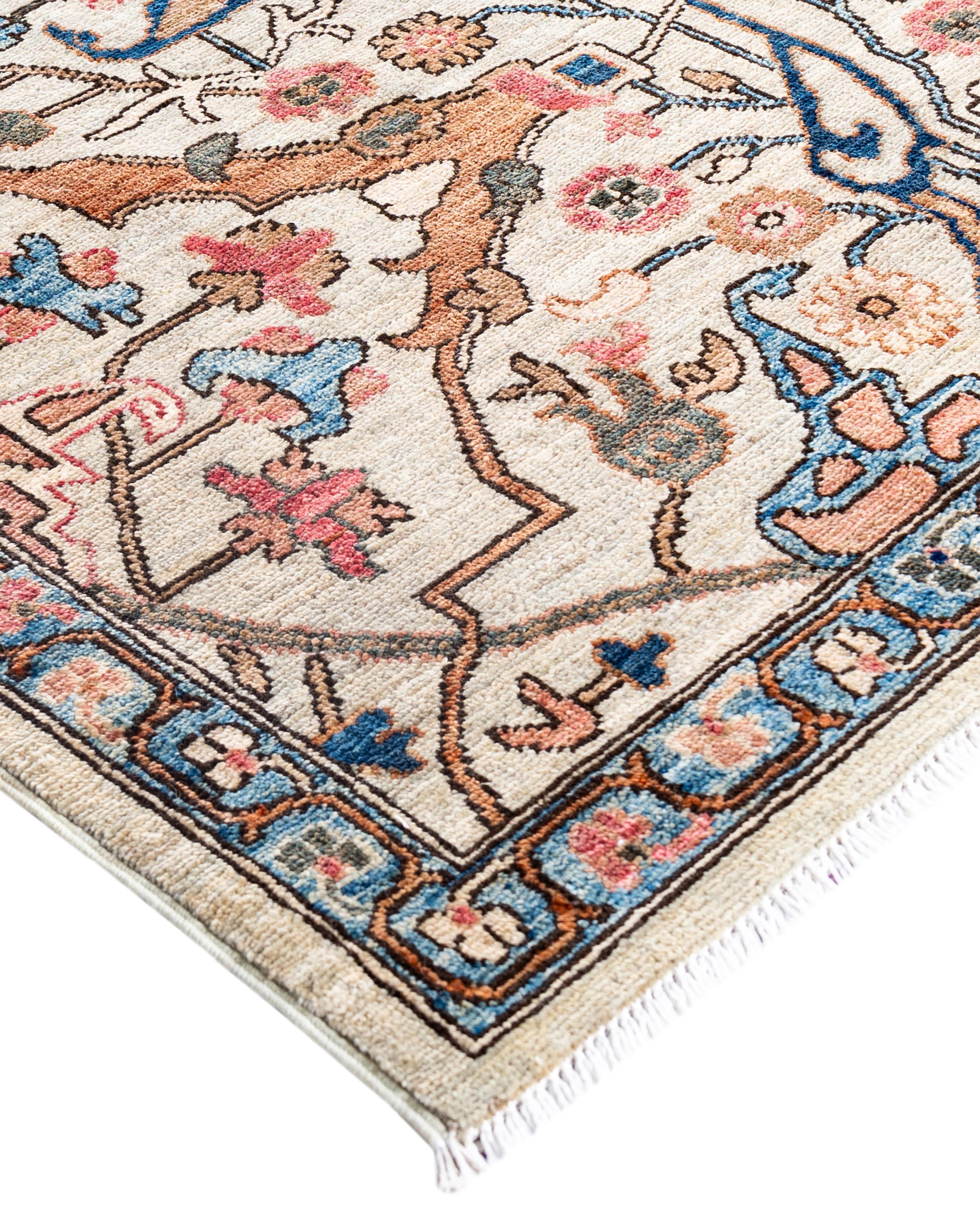 Serapi rugs are known for their bold, geometric designs and rich colors, often featuring a central medallion surrounded by intricate patterns. They typically use a warm, earthy color palette with deep reds, blues, ivory, and occasional greens. The