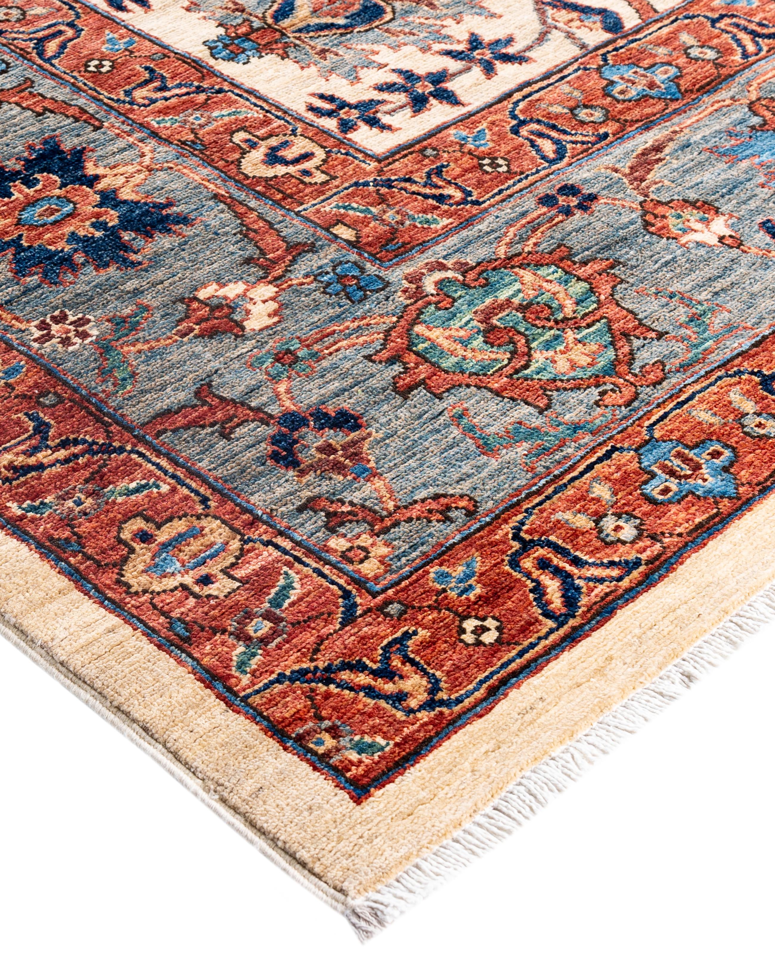 Serapi rugs are known for their bold, geometric designs and rich colors, often featuring a central medallion surrounded by intricate patterns. They typically use a warm, earthy color palette with deep reds, blues, ivory, and occasional greens. The