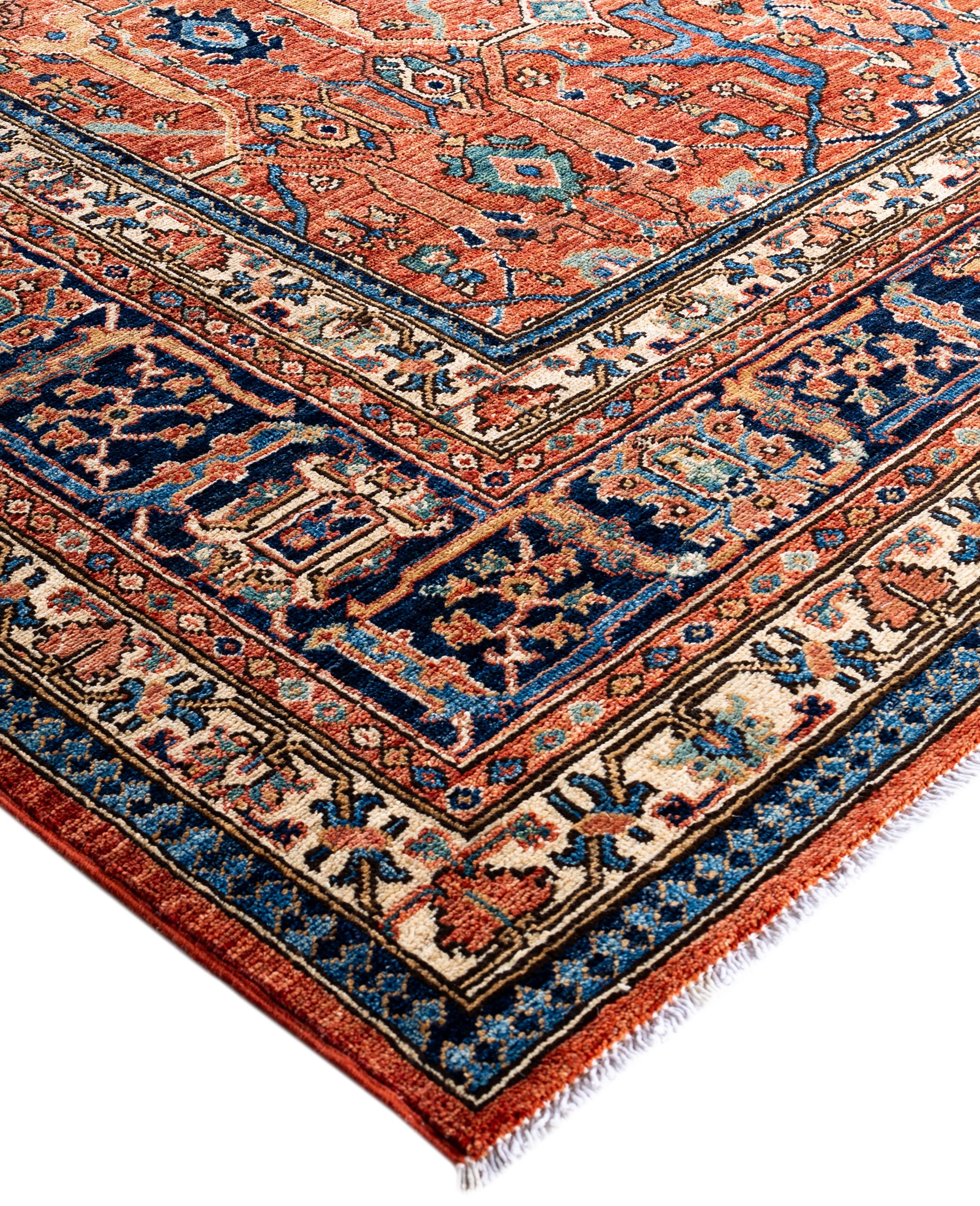 Serapi rugs are known for their bold, geometric designs and rich colors, often featuring a central medallion surrounded by intricate patterns. They typically use a warm, earthy color palette with deep reds, blues, ivory, and occasional greens. The