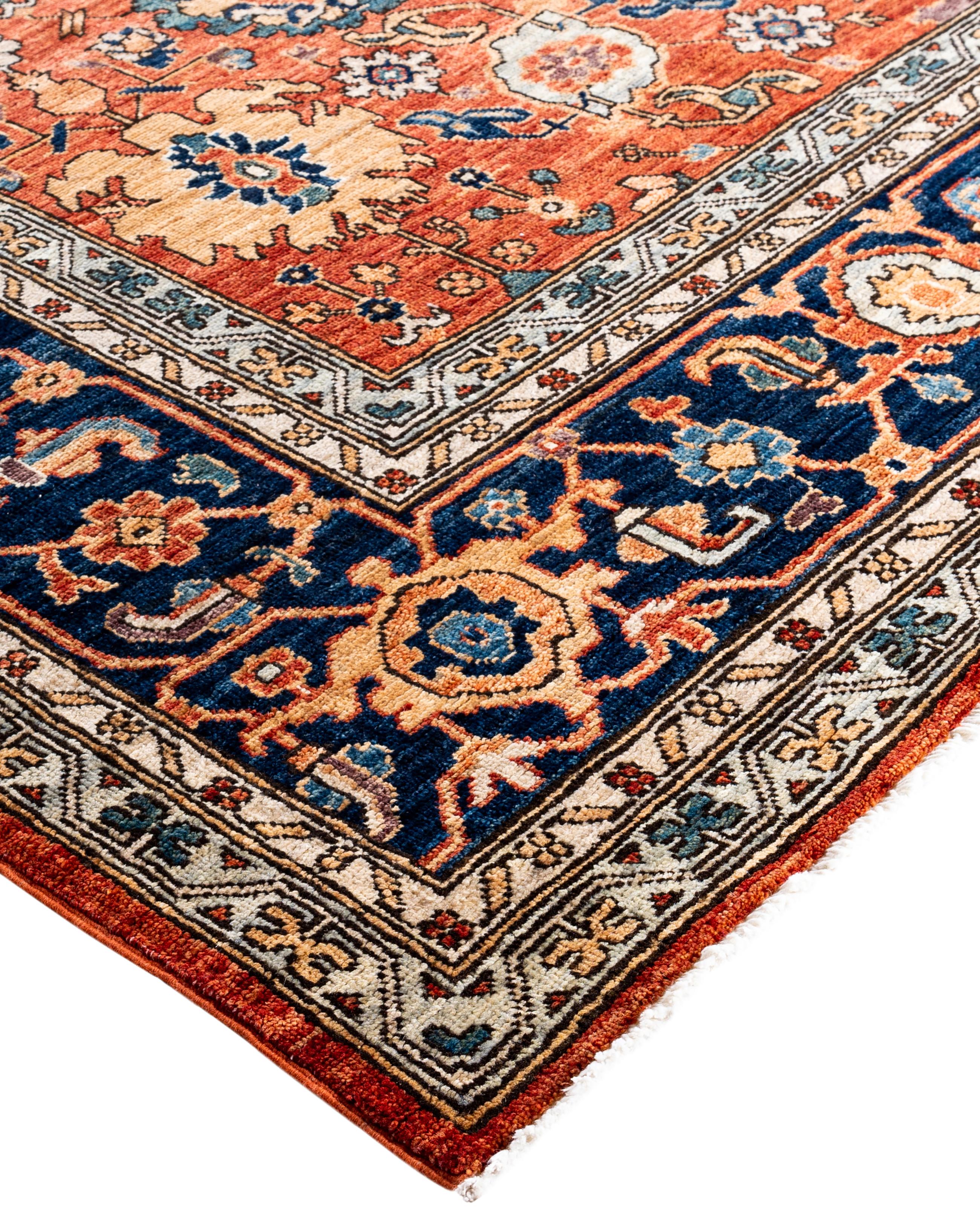 Serapi rugs are known for their bold, geometric designs and rich colors, often featuring a central medallion surrounded by intricate patterns. They typically use a warm, earthy color palette with deep reds, blues, ivory, and occasional greens. The