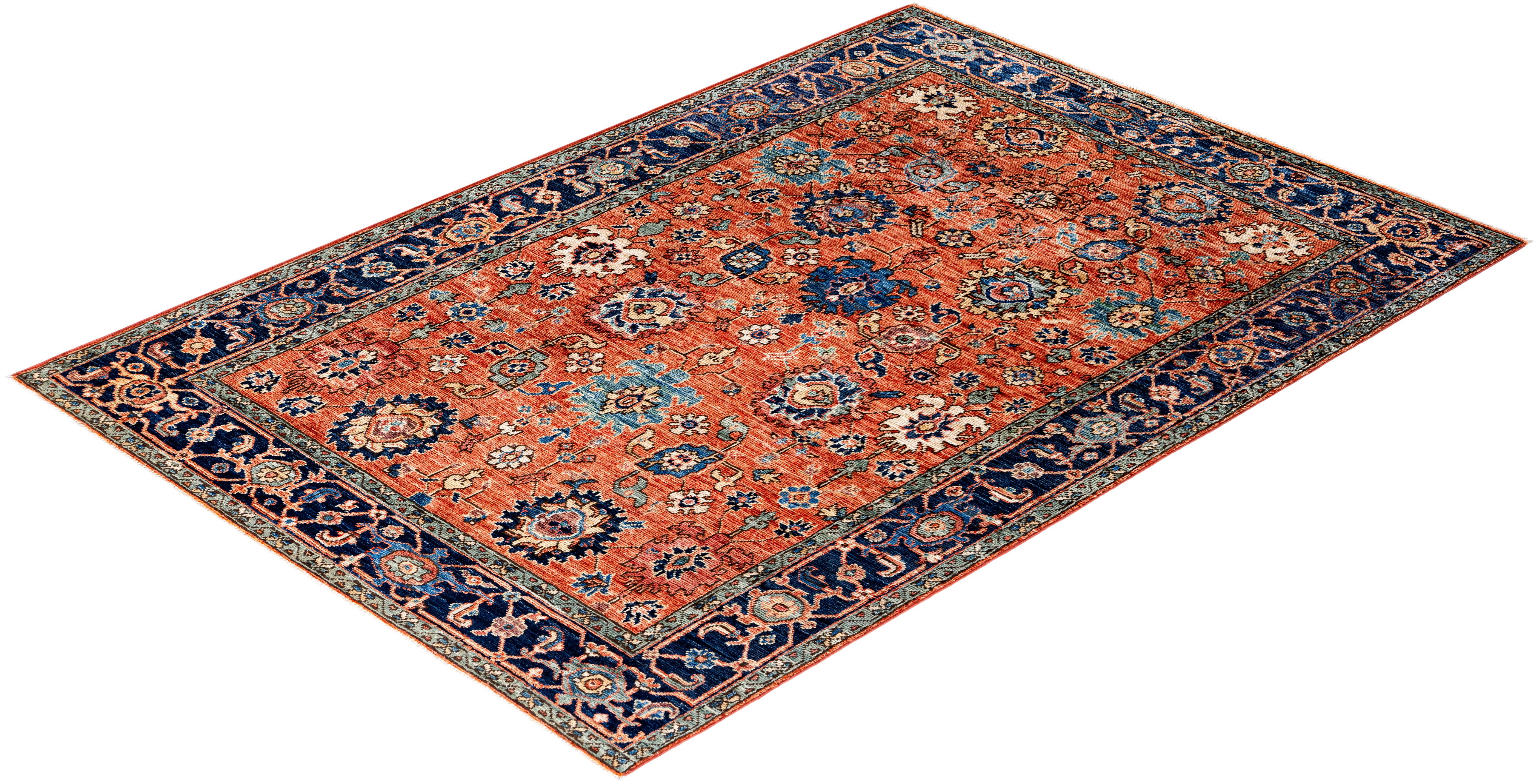 Serapi Tapis unique en laine orange 4' 3