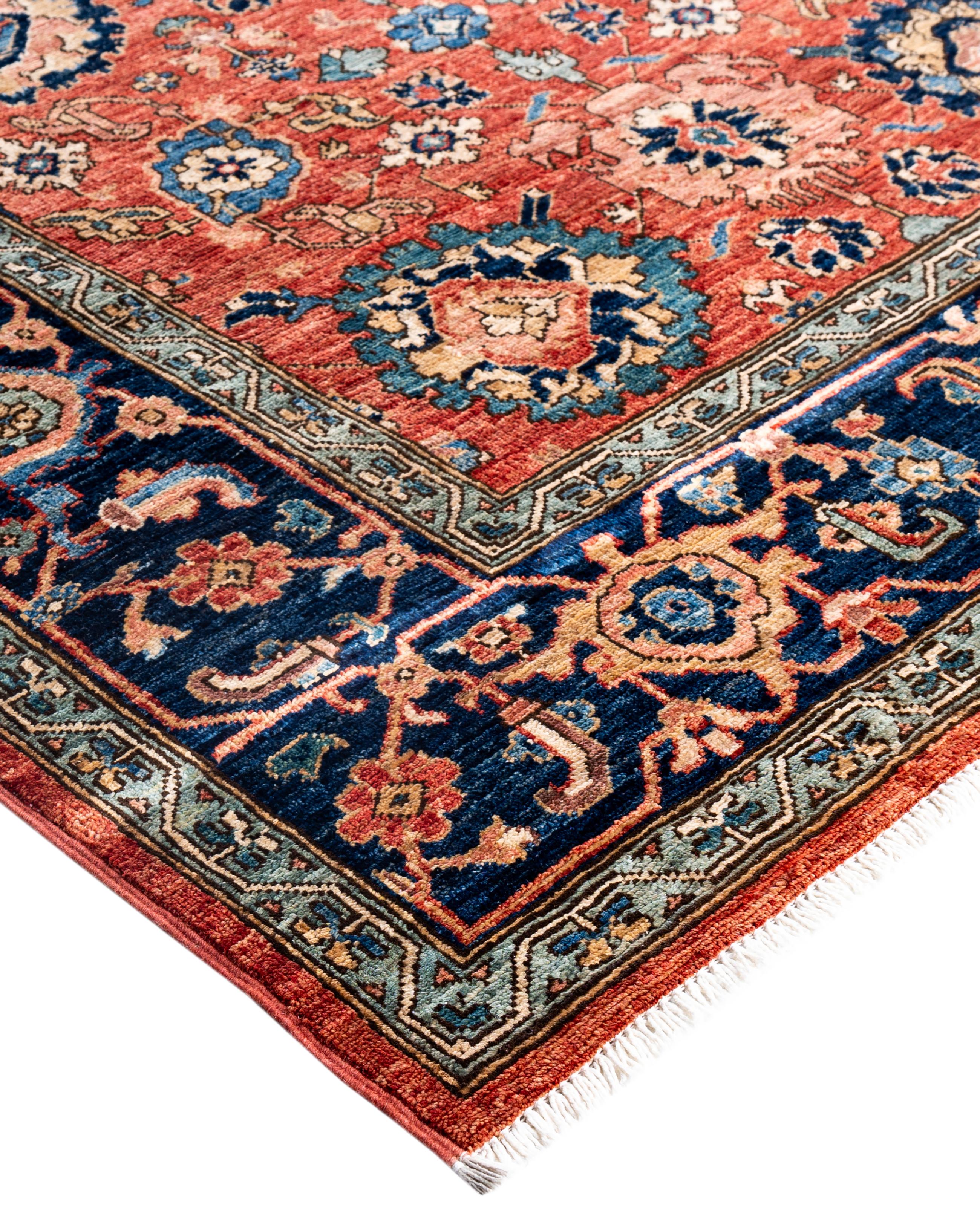Serapi rugs are known for their bold, geometric designs and rich colors, often featuring a central medallion surrounded by intricate patterns. They typically use a warm, earthy color palette with deep reds, blues, ivory, and occasional greens. The
