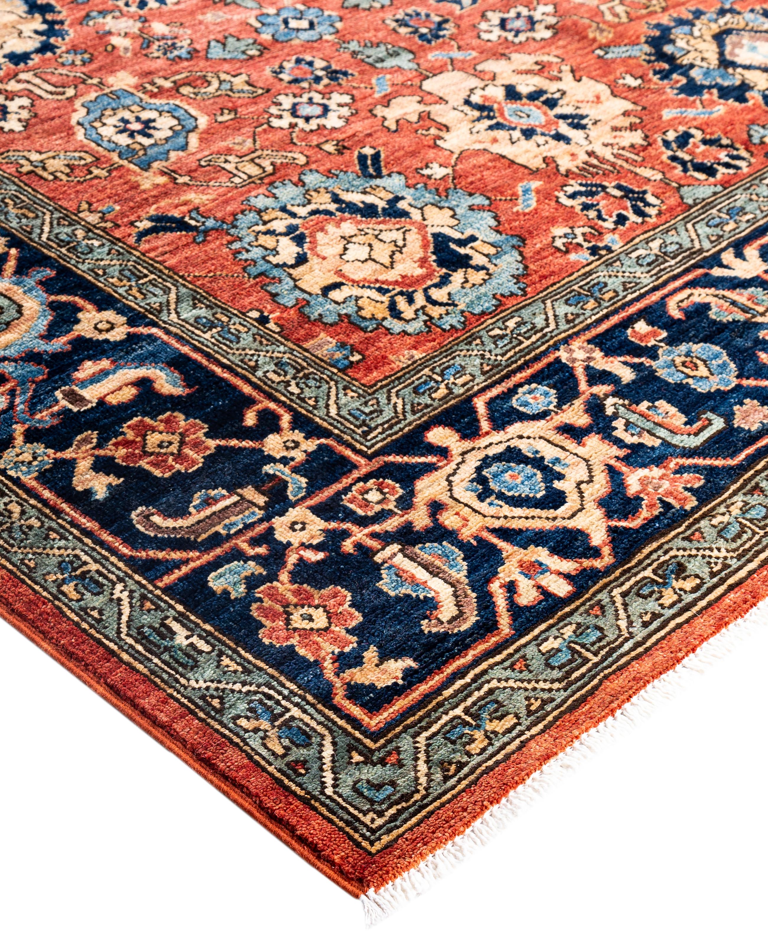 Las alfombras Serapi son conocidas por sus diseños geométricos y audaces y sus ricos colores, a menudo con un medallón central rodeado de intrincados dibujos. Suelen utilizar una paleta de colores cálidos y terrosos, con rojos intensos, azules,