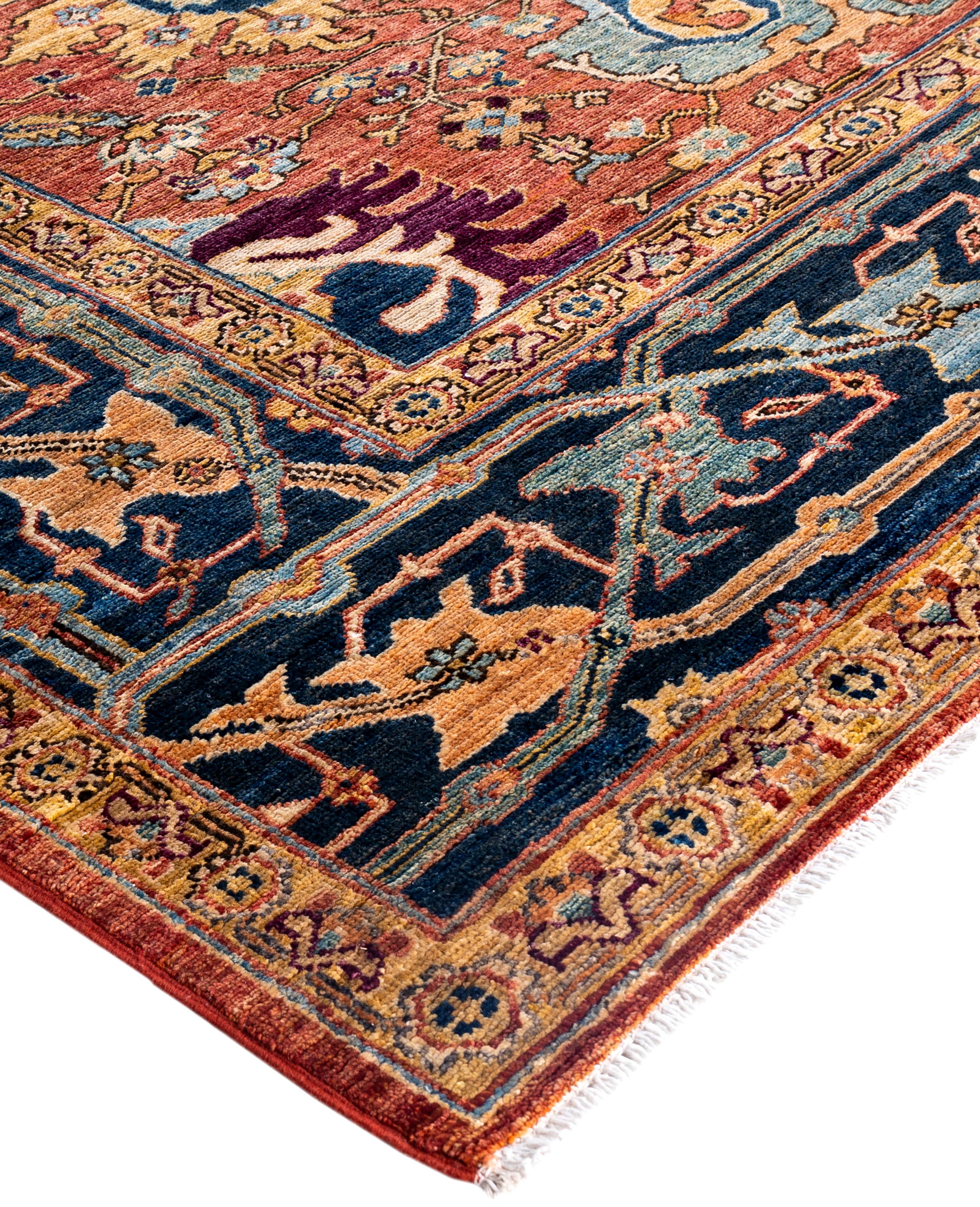 Serapi rugs are known for their bold, geometric designs and rich colors, often featuring a central medallion surrounded by intricate patterns. They typically use a warm, earthy color palette with deep reds, blues, ivory, and occasional greens. The