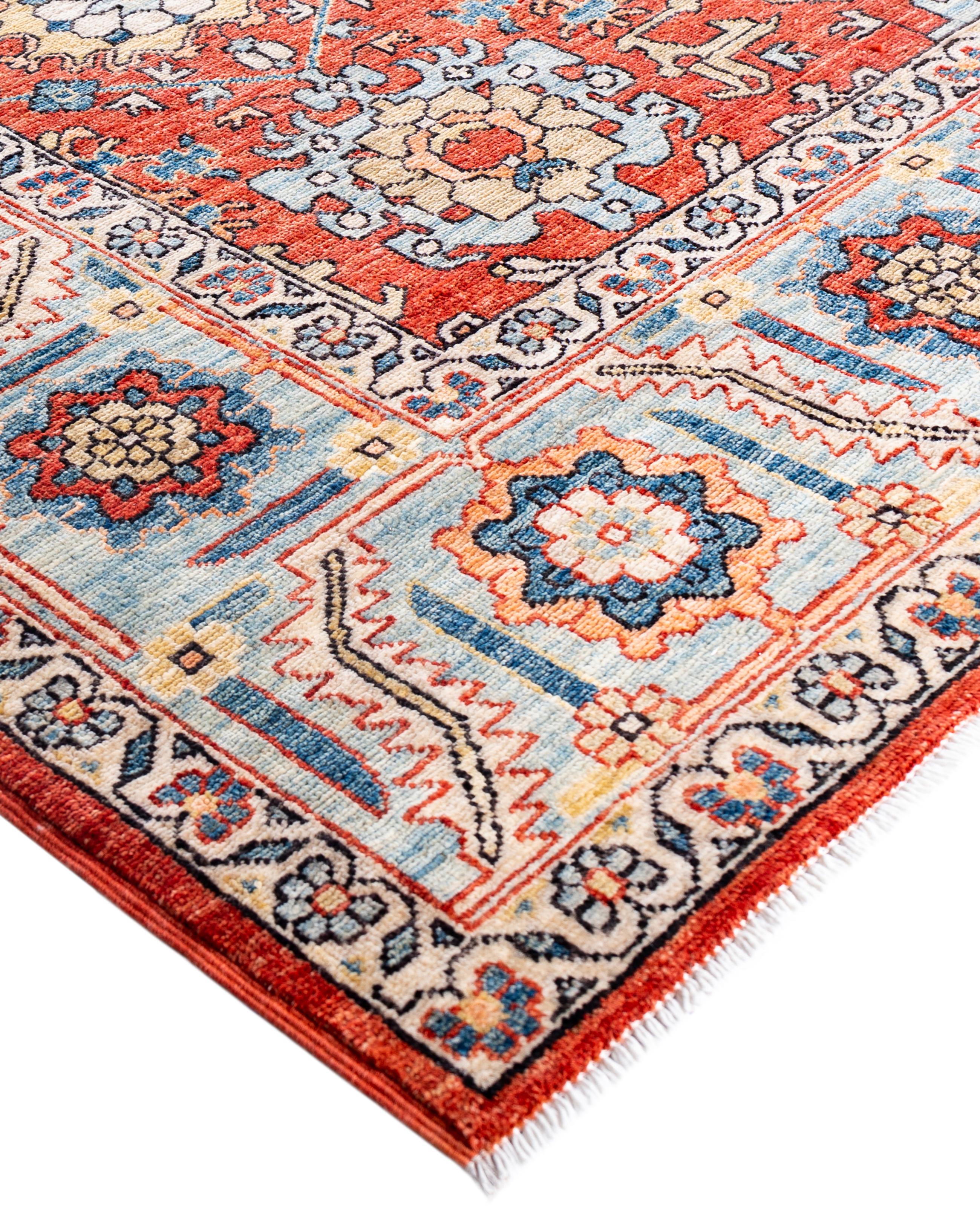 Serapi rugs are known for their bold, geometric designs and rich colors, often featuring a central medallion surrounded by intricate patterns. They typically use a warm, earthy color palette with deep reds, blues, ivory, and occasional greens. The
