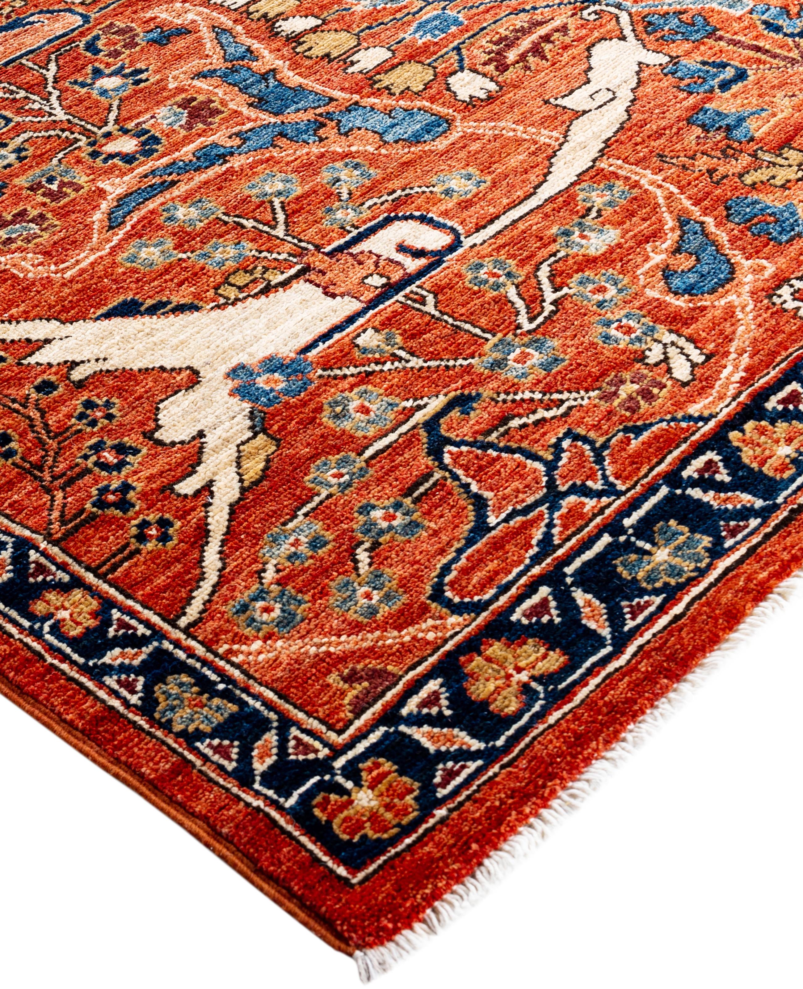 Serapi rugs are known for their bold, geometric designs and rich colors, often featuring a central medallion surrounded by intricate patterns. They typically use a warm, earthy color palette with deep reds, blues, ivory, and occasional greens. The