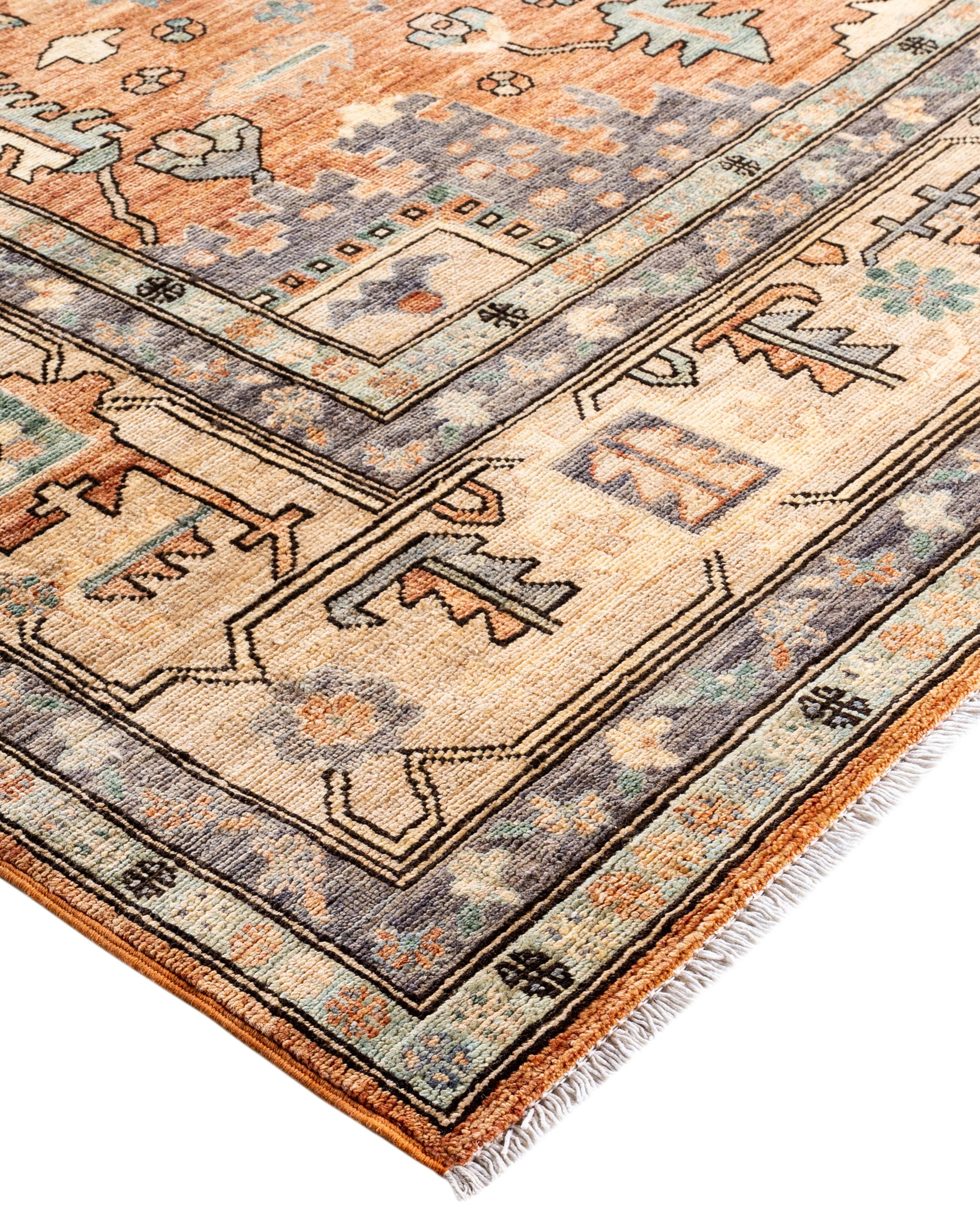 Serapi rugs are known for their bold, geometric designs and rich colors, often featuring a central medallion surrounded by intricate patterns. They typically use a warm, earthy color palette with deep reds, blues, ivory, and occasional greens. The