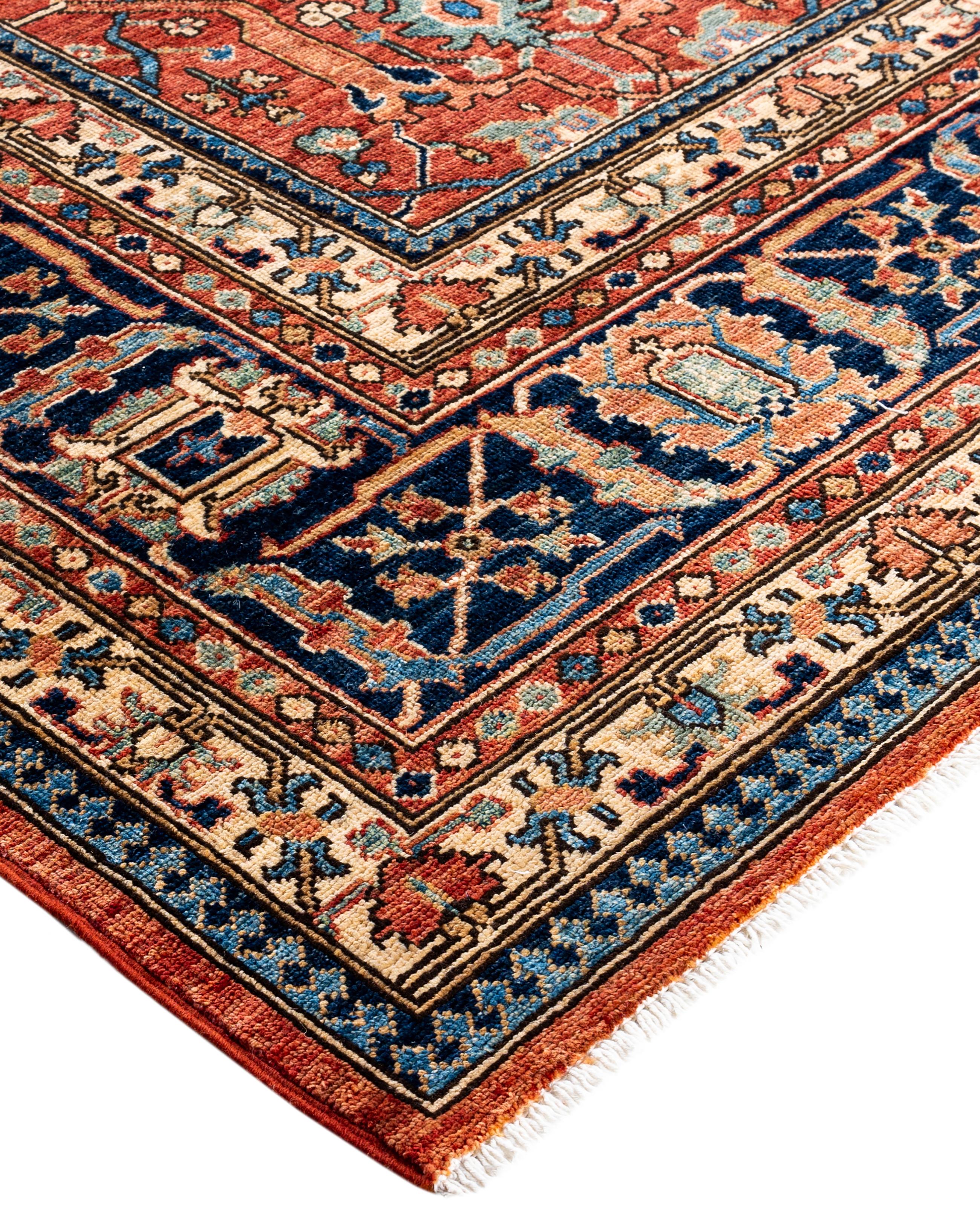 Serapi rugs are known for their bold, geometric designs and rich colors, often featuring a central medallion surrounded by intricate patterns. They typically use a warm, earthy color palette with deep reds, blues, ivory, and occasional greens. The