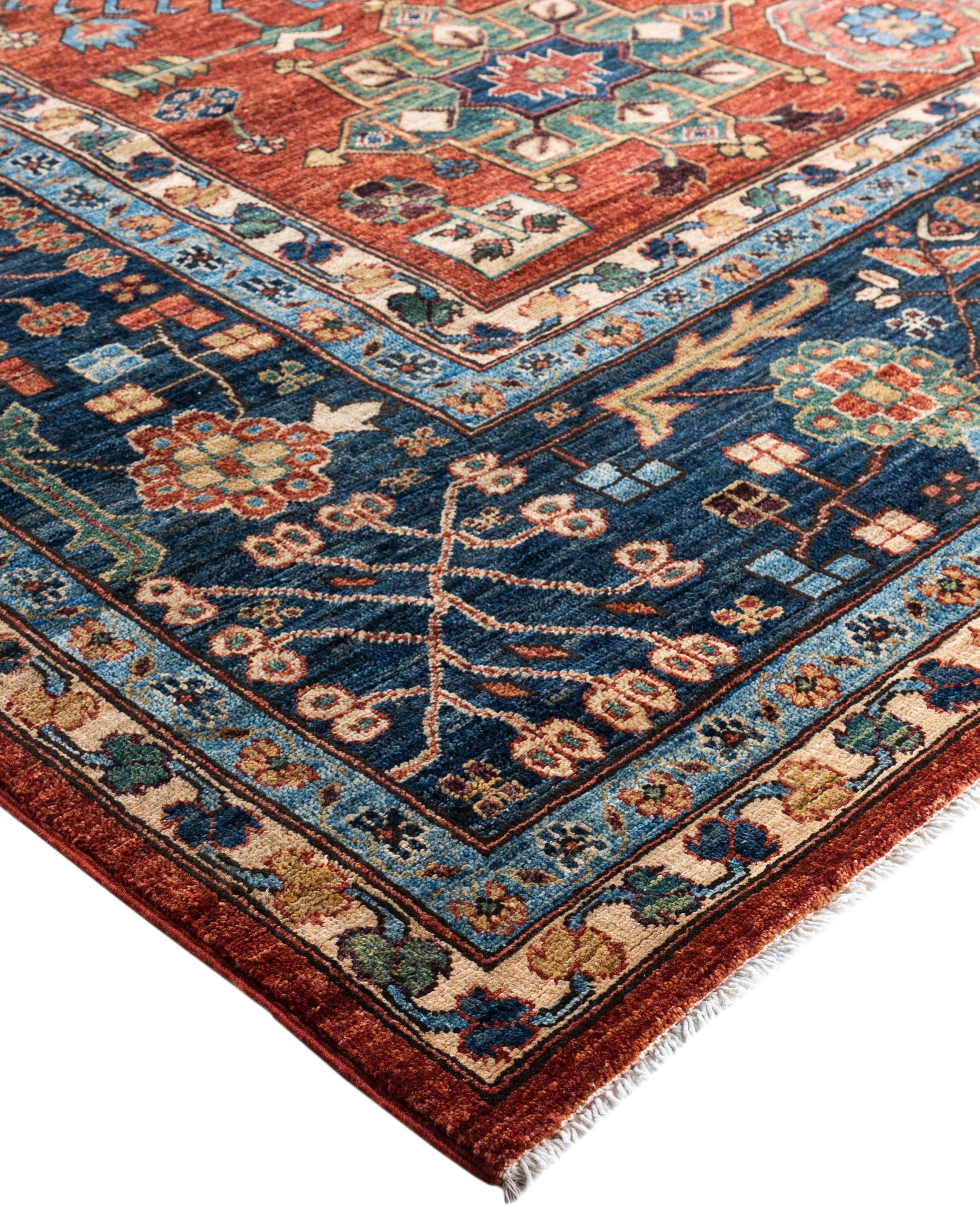Serapi rugs are known for their bold, geometric designs and rich colors, often featuring a central medallion surrounded by intricate patterns. They typically use a warm, earthy color palette with deep reds, blues, ivory, and occasional greens. The