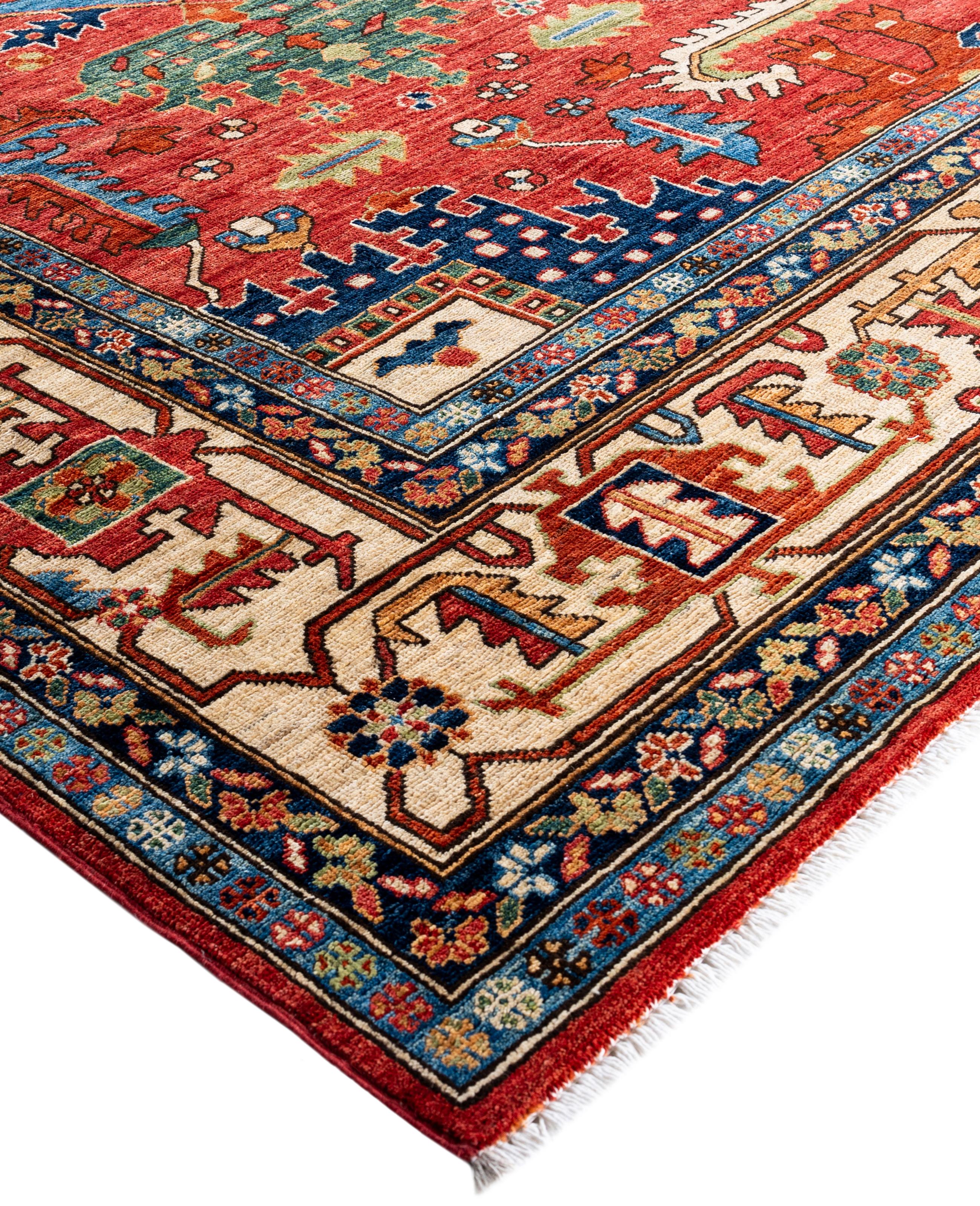 Serapi rugs are known for their bold, geometric designs and rich colors, often featuring a central medallion surrounded by intricate patterns. They typically use a warm, earthy color palette with deep reds, blues, ivory, and occasional greens. The