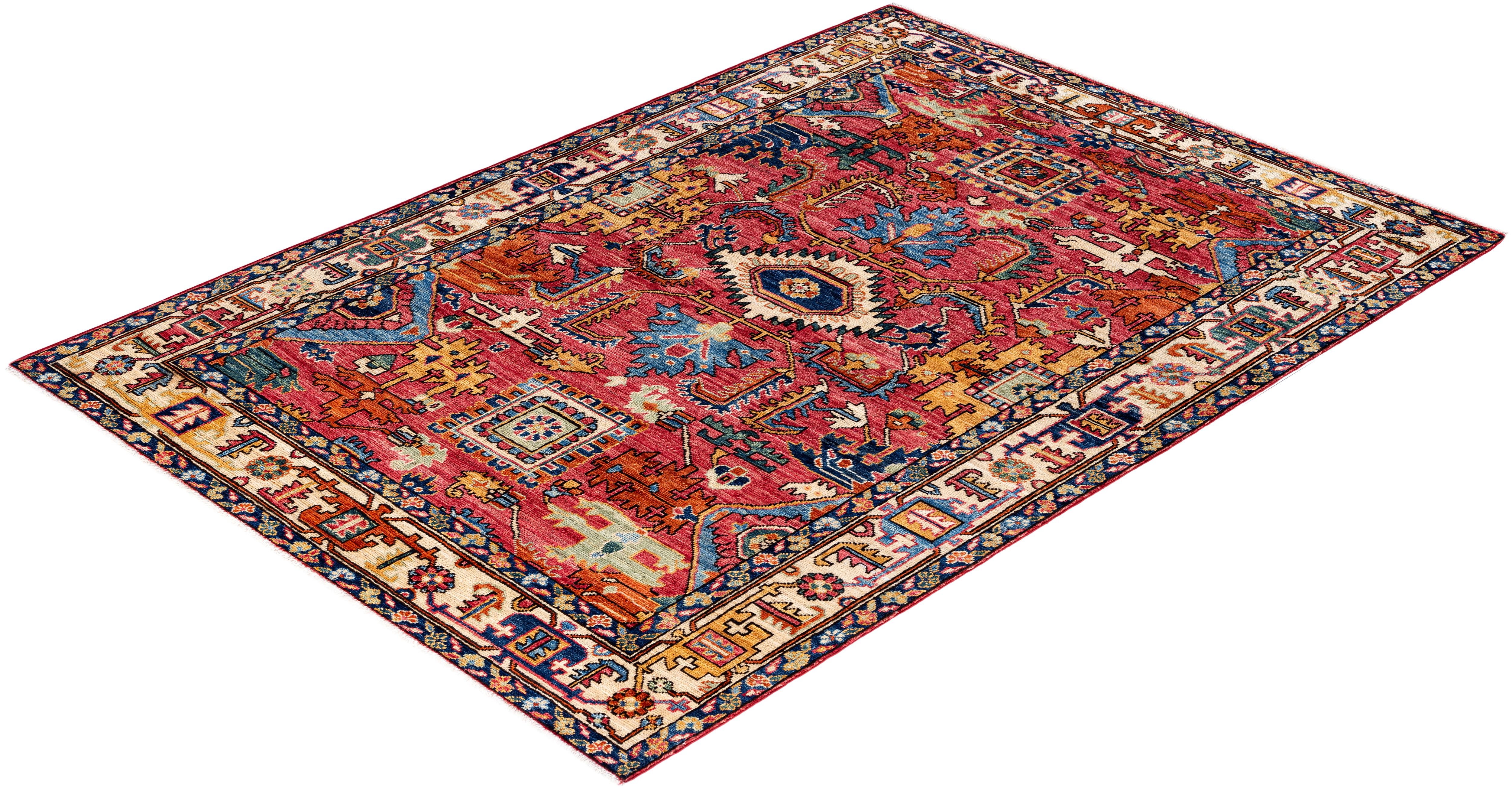 Serapi Tapis de zone unique en laine rouge 4' 2