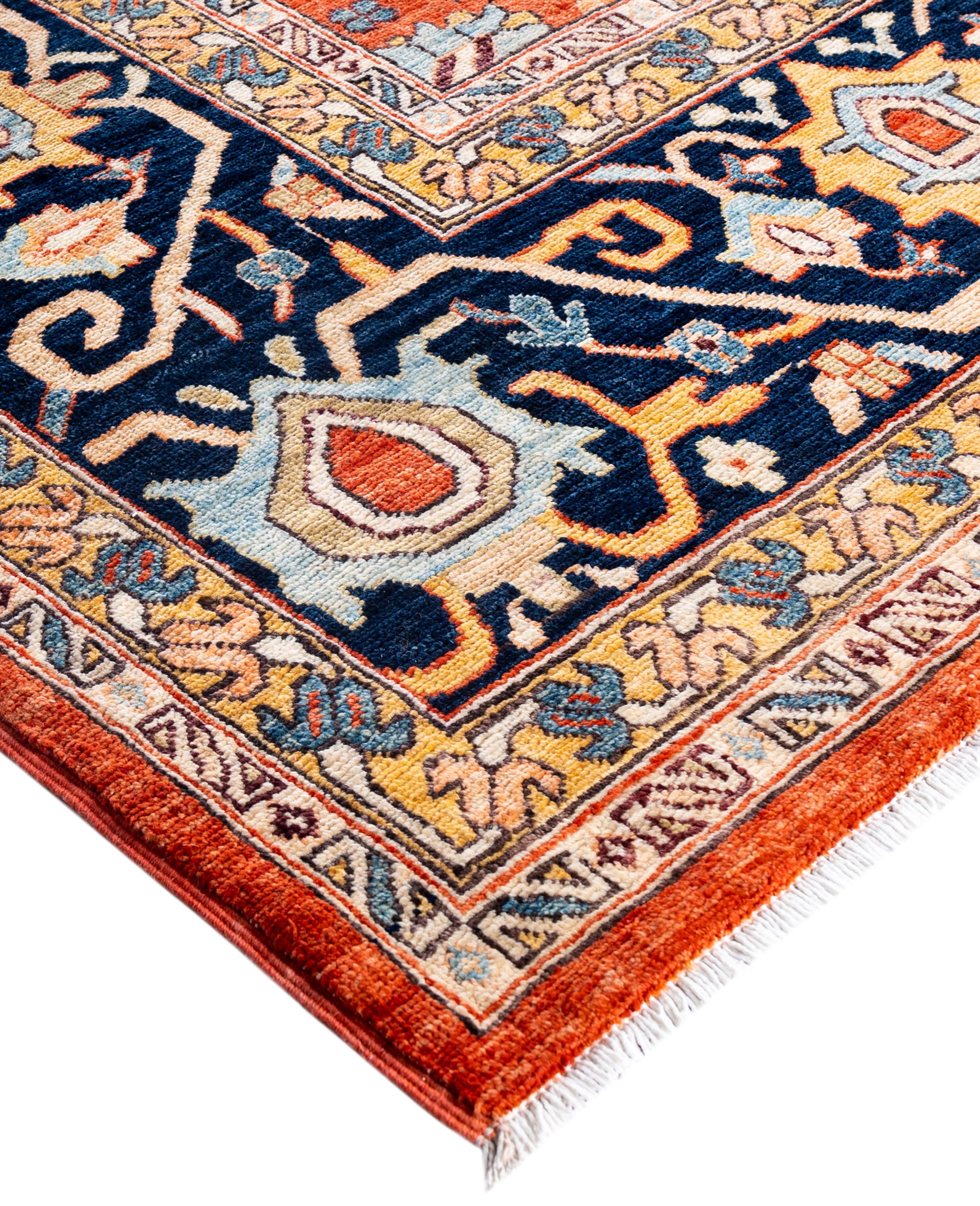 Serapi rugs are known for their bold, geometric designs and rich colors, often featuring a central medallion surrounded by intricate patterns. They typically use a warm, earthy color palette with deep reds, blues, ivory, and occasional greens. The