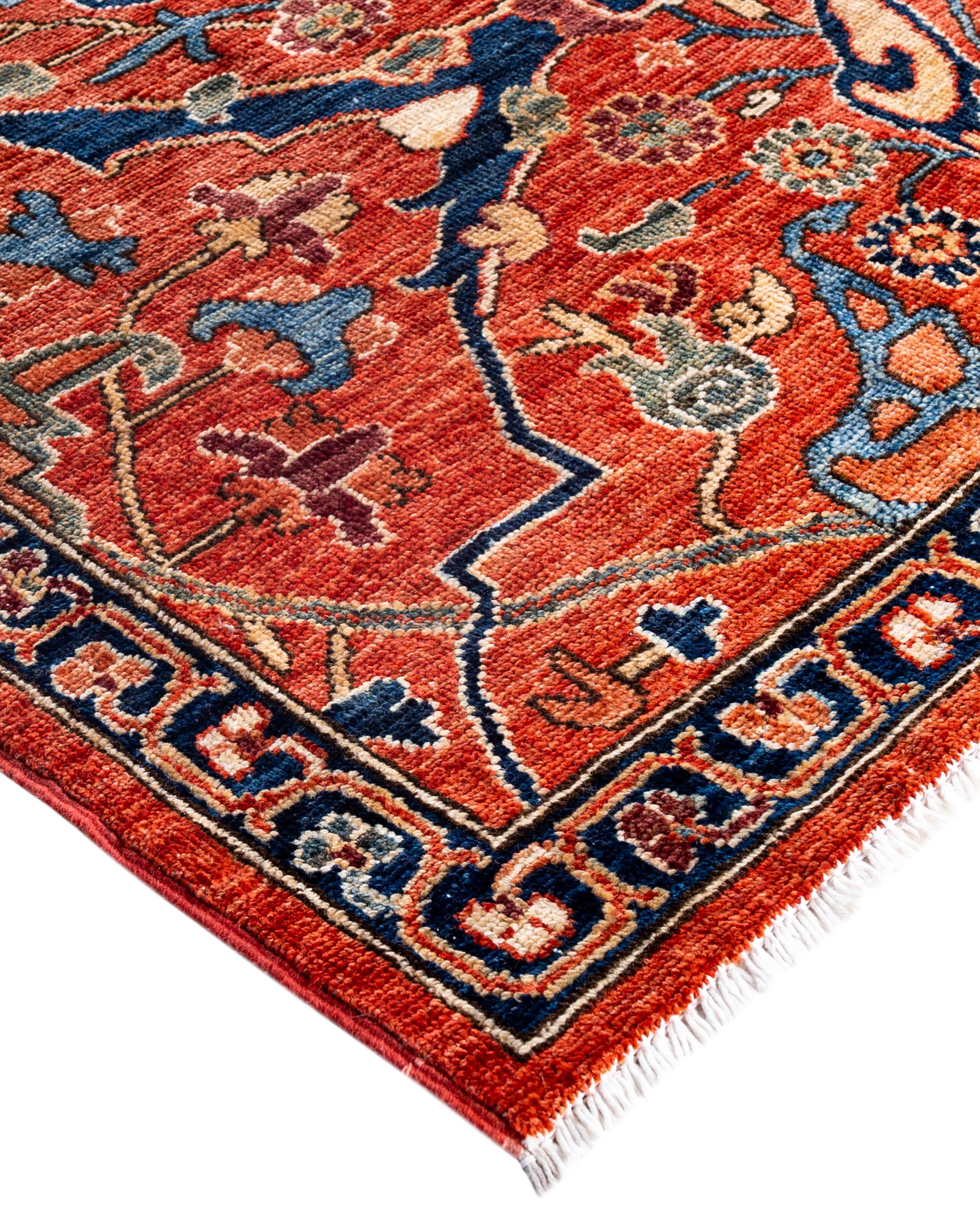 Serapi rugs are known for their bold, geometric designs and rich colors, often featuring a central medallion surrounded by intricate patterns. They typically use a warm, earthy color palette with deep reds, blues, ivory, and occasional greens. The