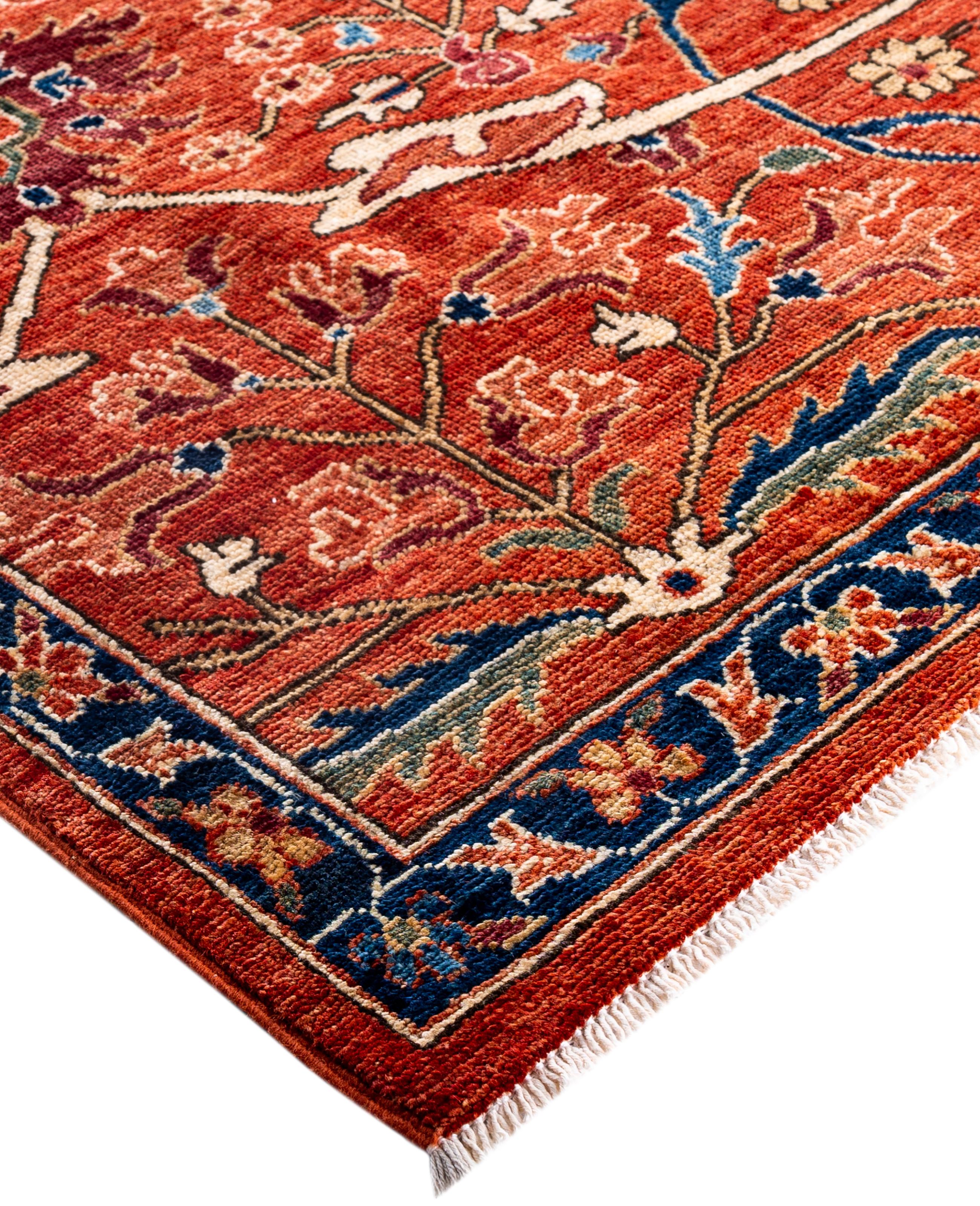 Serapi rugs are known for their bold, geometric designs and rich colors, often featuring a central medallion surrounded by intricate patterns. They typically use a warm, earthy color palette with deep reds, blues, ivory, and occasional greens. The