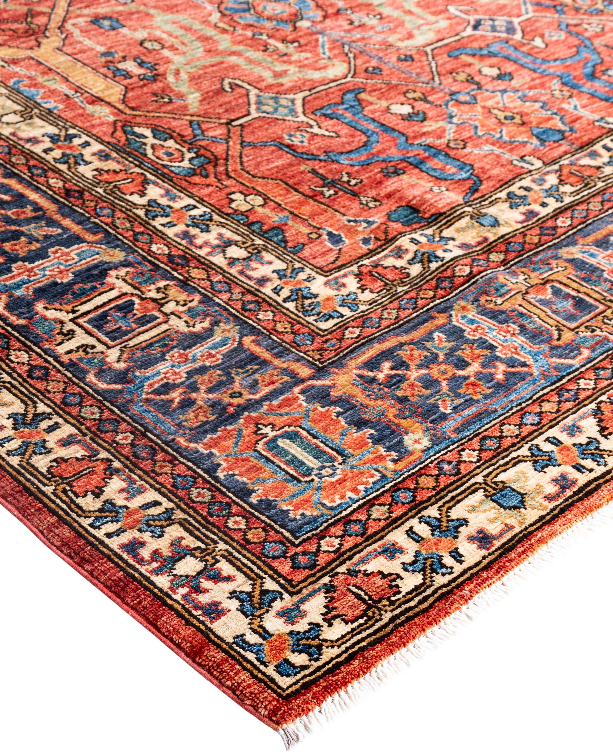 Serapi rugs are known for their bold, geometric designs and rich colors, often featuring a central medallion surrounded by intricate patterns. They typically use a warm, earthy color palette with deep reds, blues, ivory, and occasional greens. The