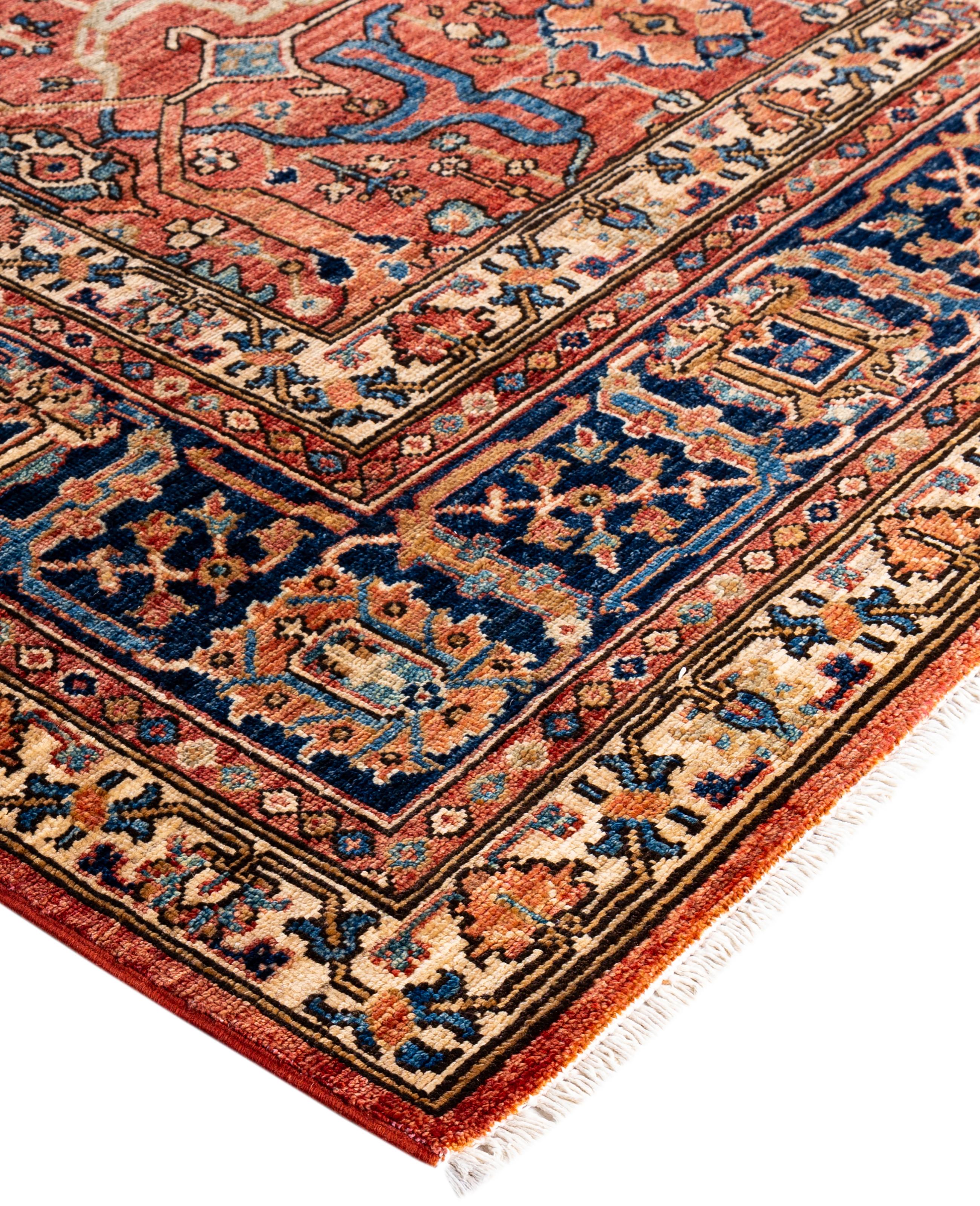 Serapi rugs are known for their bold, geometric designs and rich colors, often featuring a central medallion surrounded by intricate patterns. They typically use a warm, earthy color palette with deep reds, blues, ivory, and occasional greens. The