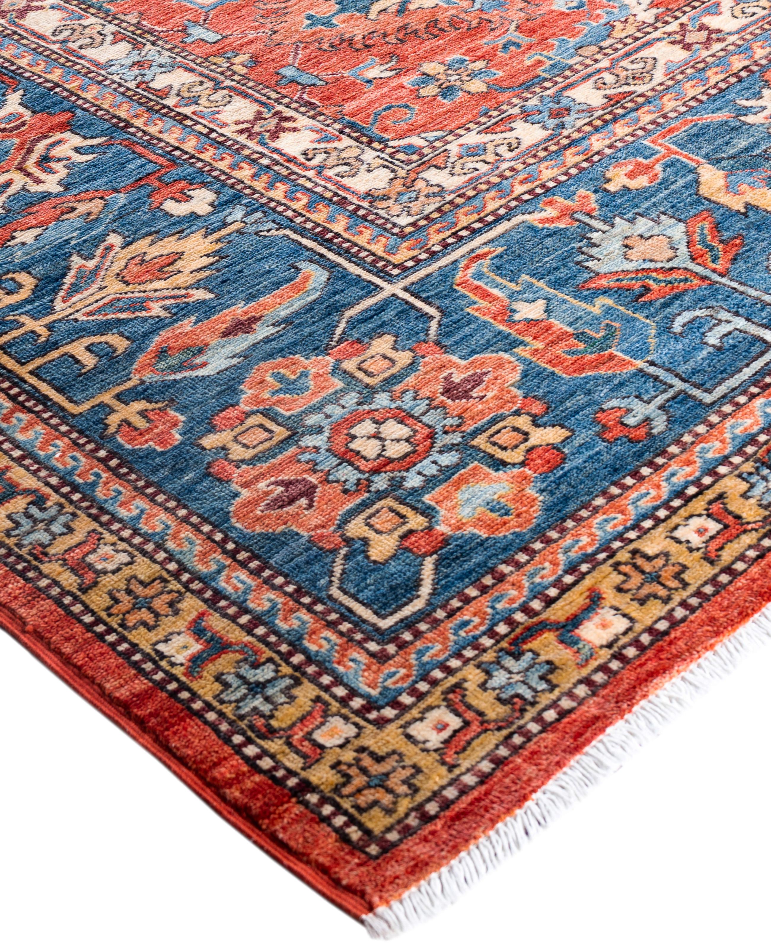 Serapi rugs are known for their bold, geometric designs and rich colors, often featuring a central medallion surrounded by intricate patterns. They typically use a warm, earthy color palette with deep reds, blues, ivory, and occasional greens. The