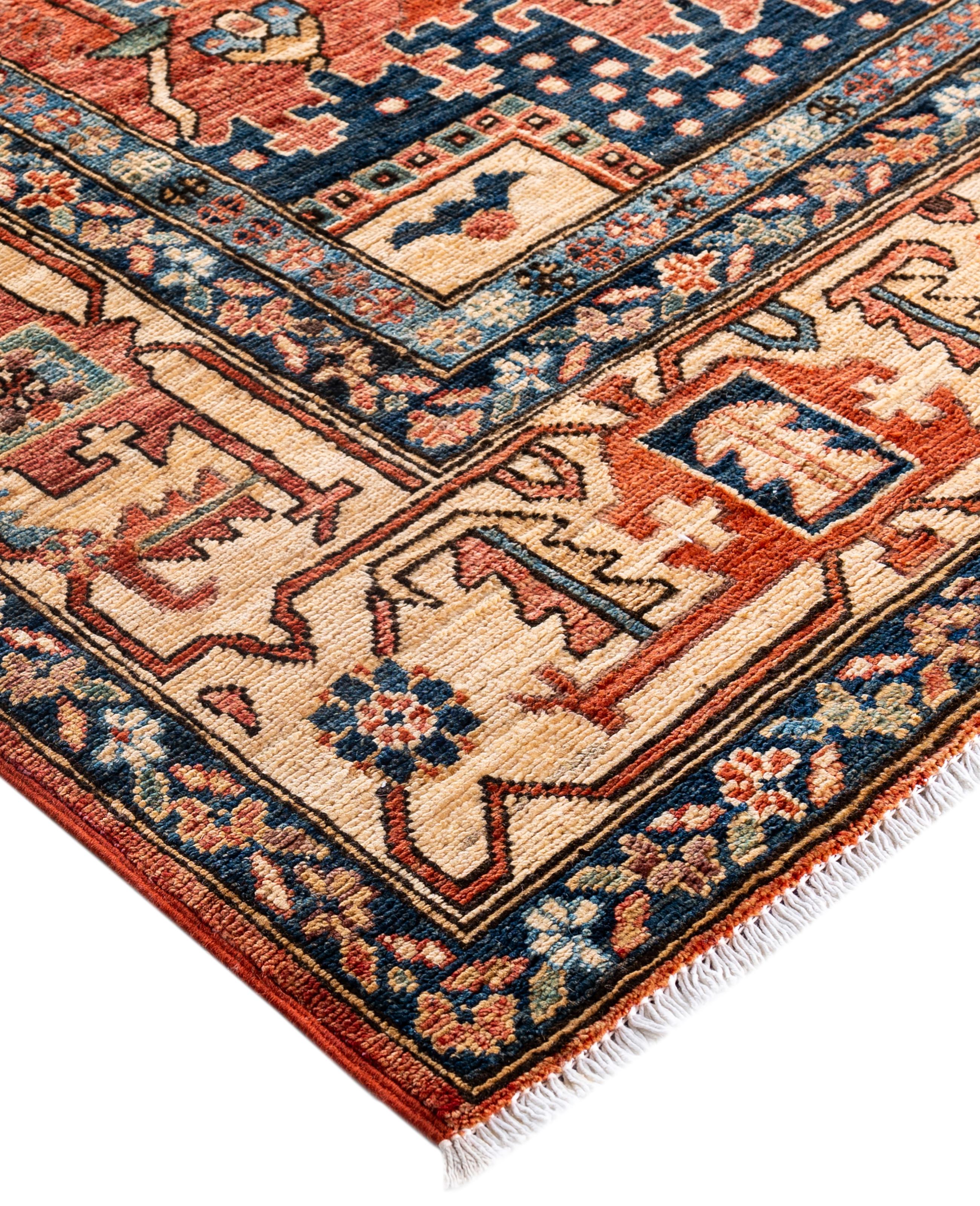 Serapi rugs are known for their bold, geometric designs and rich colors, often featuring a central medallion surrounded by intricate patterns. They typically use a warm, earthy color palette with deep reds, blues, ivory, and occasional greens. The
